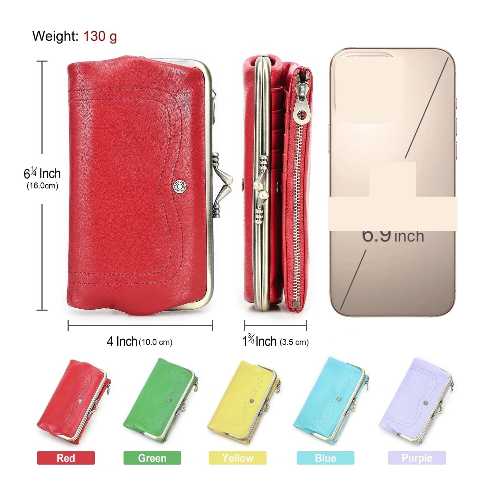 Portafogli lunghi in vera pelle Kiss Lock for donna Portamonete con portamonete con struttura in metallo Portamonete classico