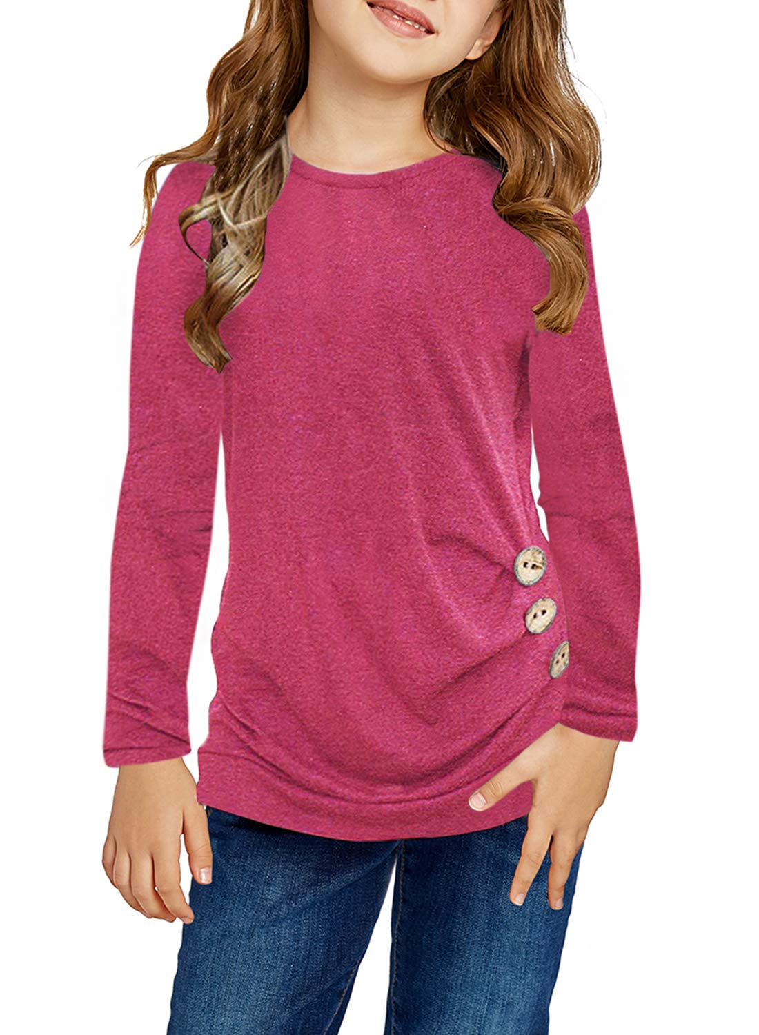 Girls Casual Long Sleeve Color Block Pullover Top Stripe Button Crewneck Loose Tunic T-Shirts Blouse Size 4-13 Year