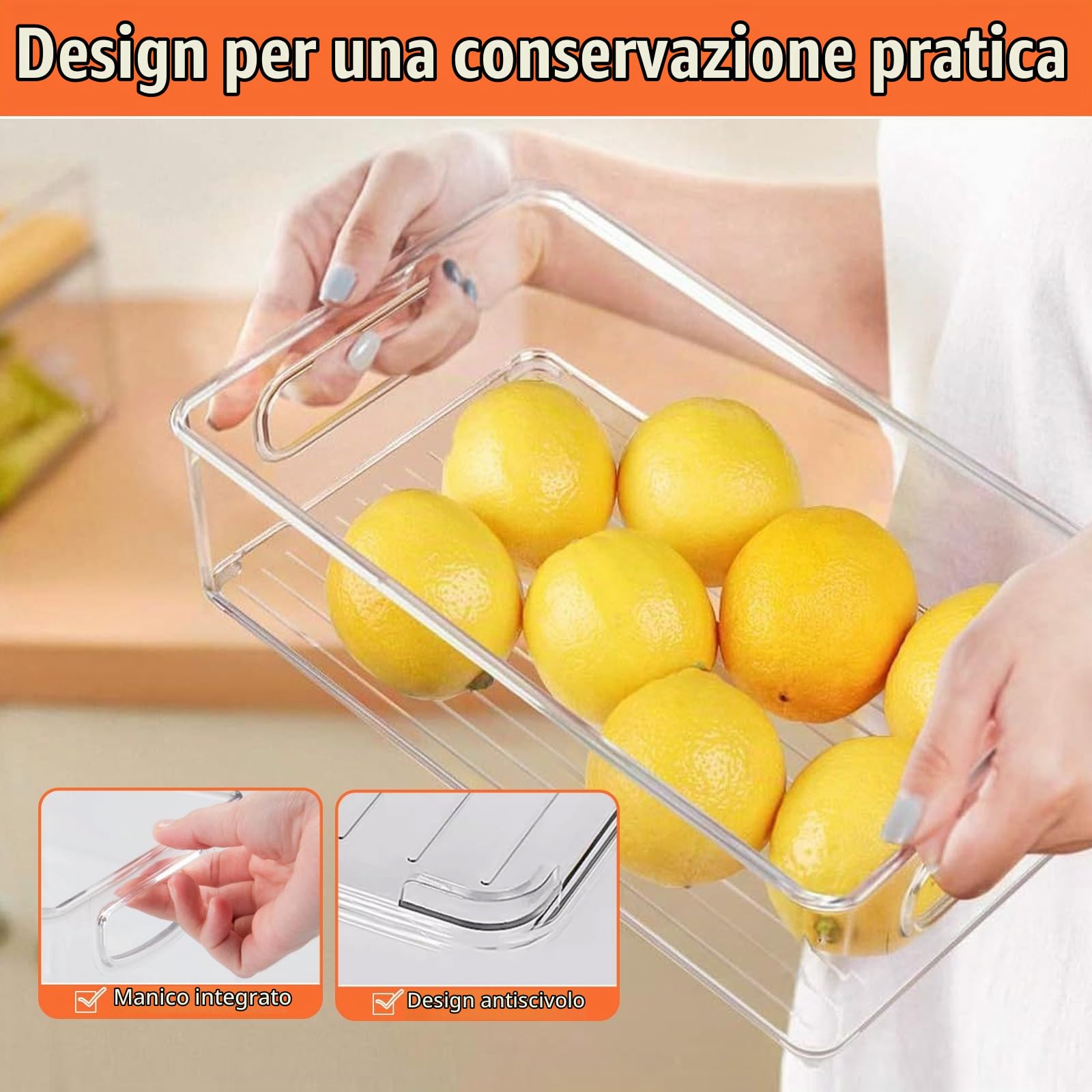 6Pcs Organizer Frigorifero Impilabili con Maniglia, Set Contenitori Frigo Trasparente, Cestini Organizzatori Salvaspazio Senza BPA per Cucina, Armadietti, Bagno, Dispensa, Congelatore, Ripiani