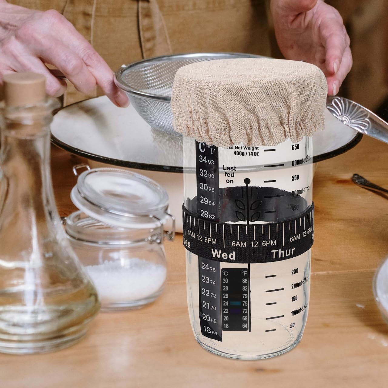 Sourdough Starter Jar Accessory Kit 2 Cloth Covers 2 Thermometer Stickers 2 Date Marking Bands for Fermentation Jar Monitoring and Batch Tracking