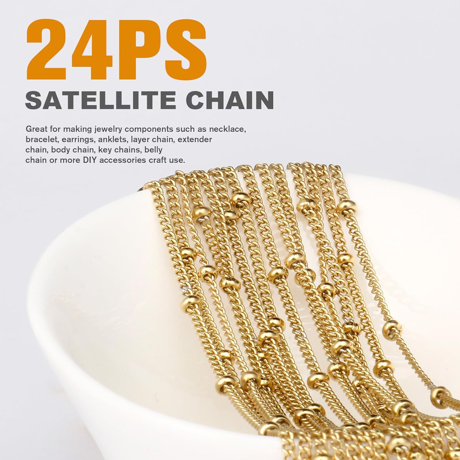Cadikez 24PCS Gold Satellite Chain Necklace Bulk, 1.5mm 18inch 18K Gold PVD Plated Stainless Steel Finished Beaded Curb Link Chains for Necklace Jewelry Making - Image 3