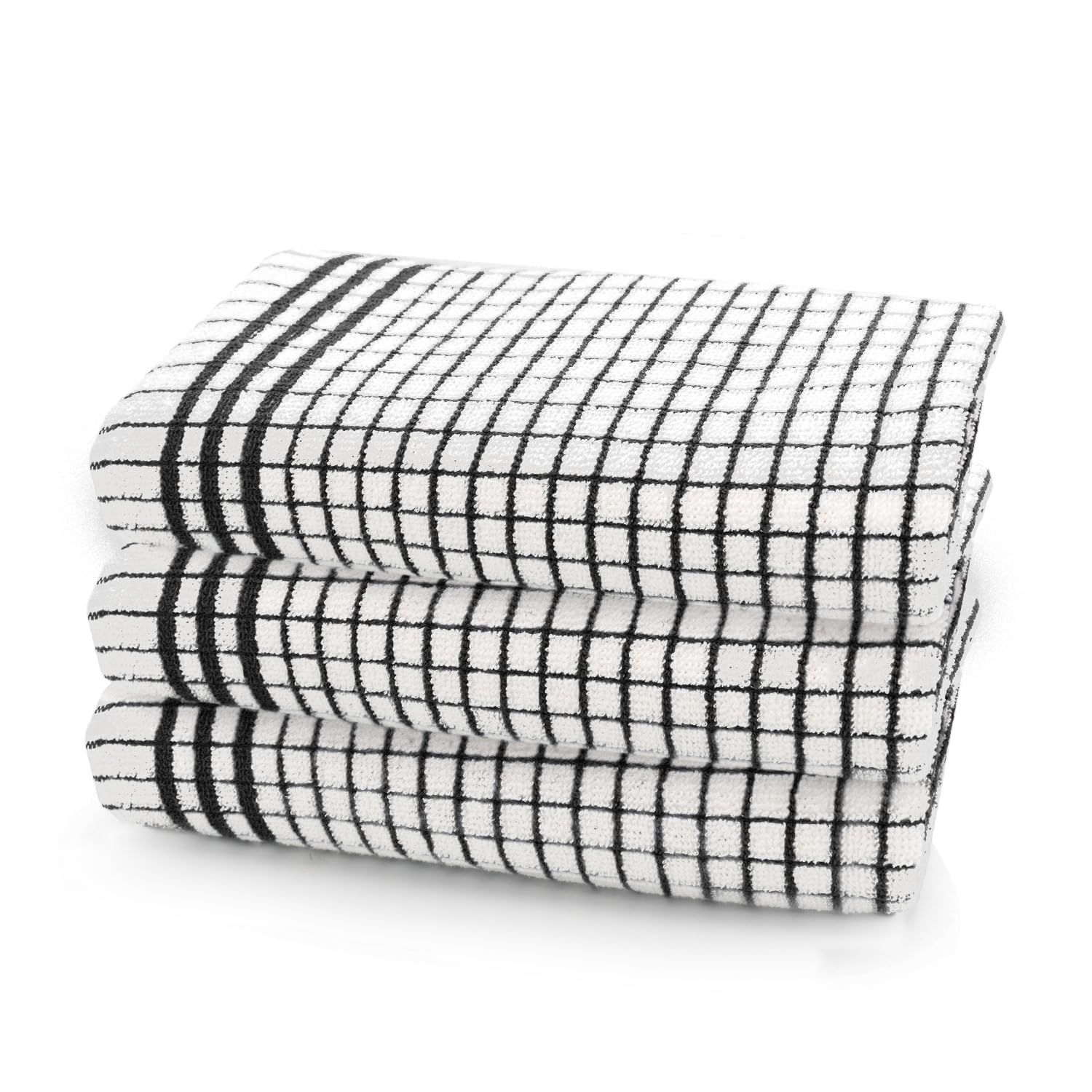Velosso Large Checkered Chunky Kitchen Tea Towel Bundle Set Quality Cotton Soft and Absorbent Dish Towels, Tea Towels with Embroidery (Black, 3 Pack)