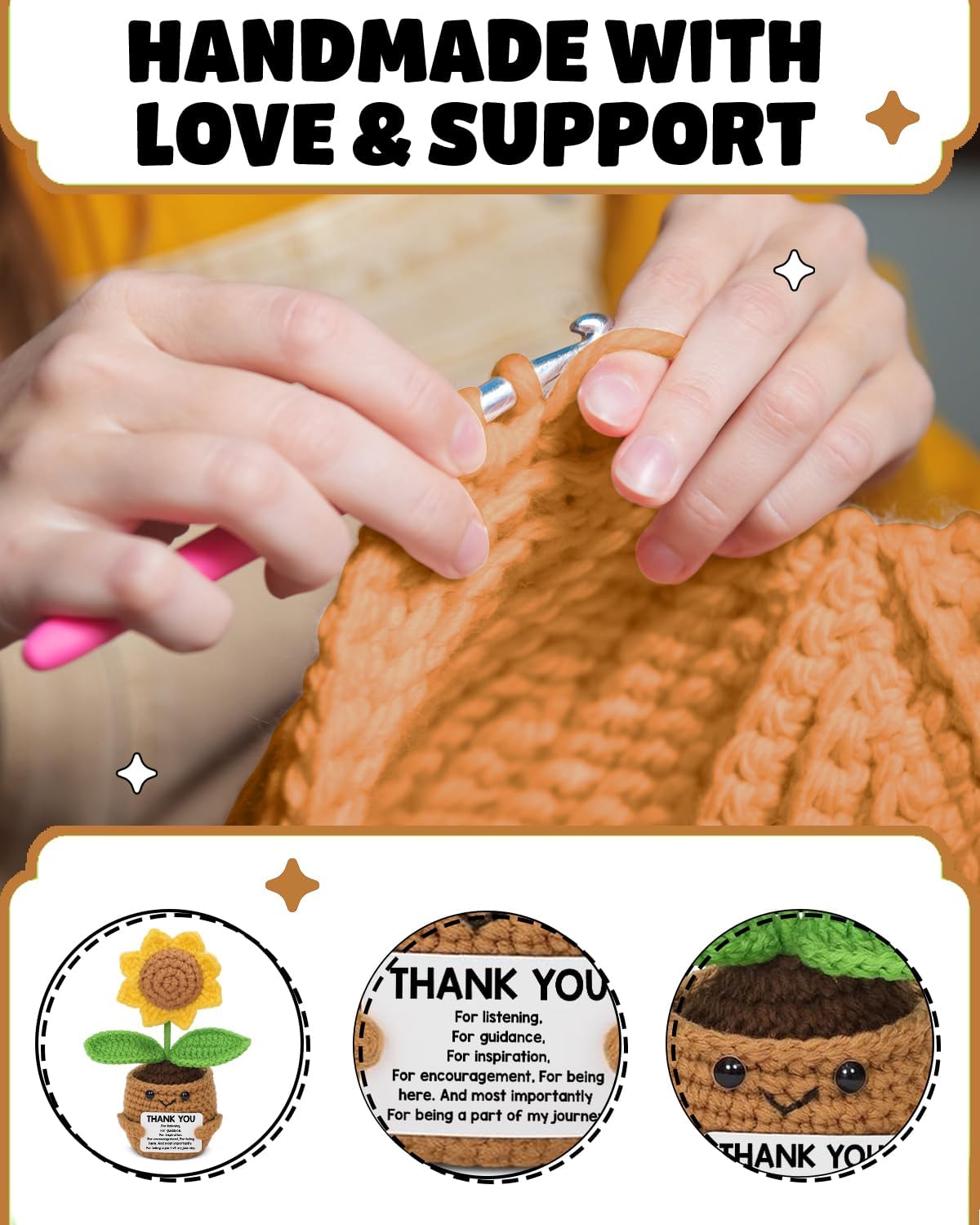 Thank You Gifts for Teacher Coworker Friends - Handmade Emotional Support Plants - Appreciation Gift for Women Men - Positive Sunflower Doll Crochet with Card - Image 4