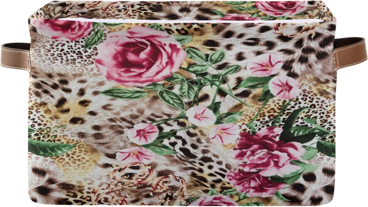 MLHlover Animal Leopard Print Flower Square Storage Basket Bin Canvas Fabric Compressible Organizer Basket with Handle for Bedroom Nursery Office, 1PCS