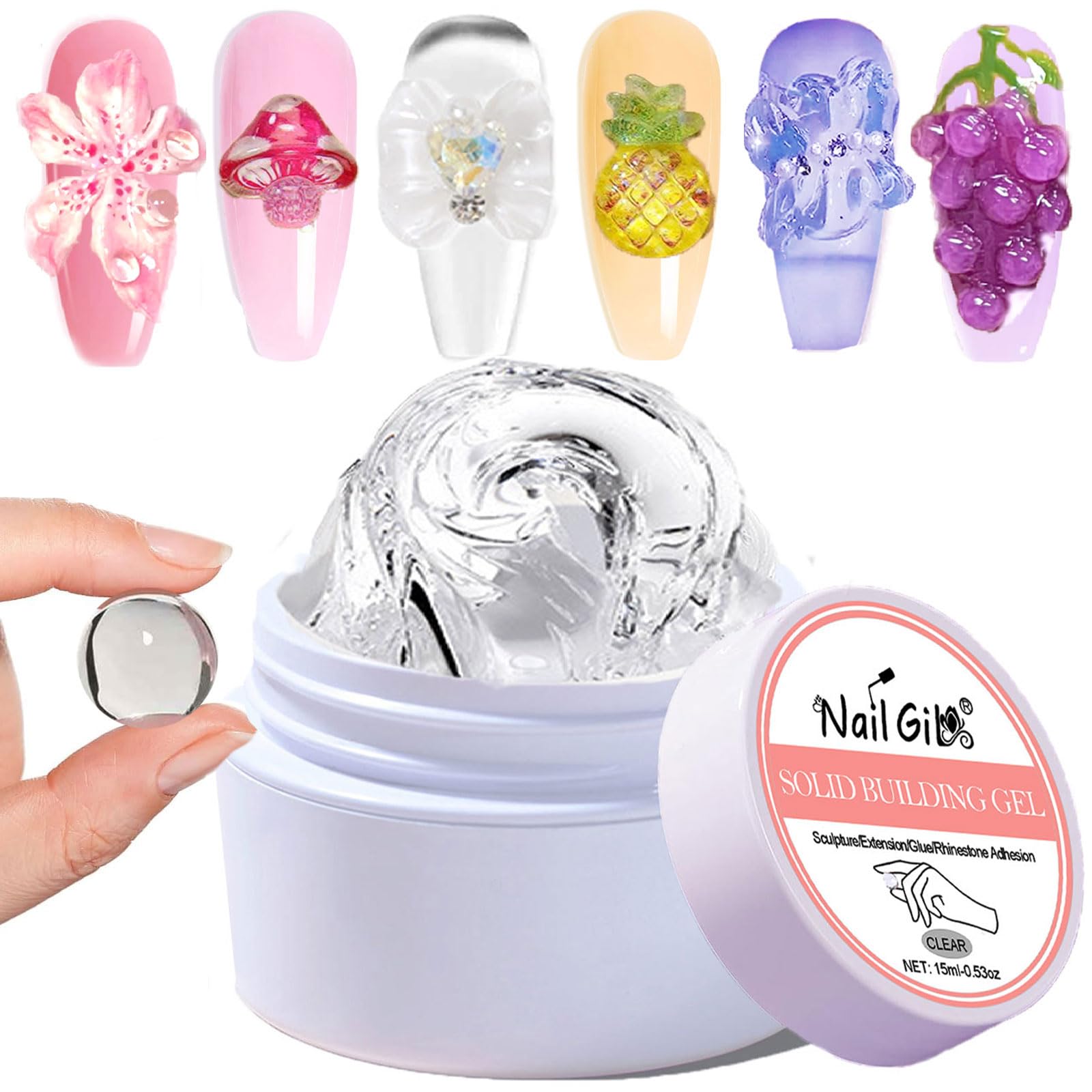 NAILGIL Solid Builder Gel For Nails, 3D Sculpture Non-Sticky Hand Extension Gel Nail Art Sock Off UV LED Salon DIY at Home-15g/0.53oz,Clear
