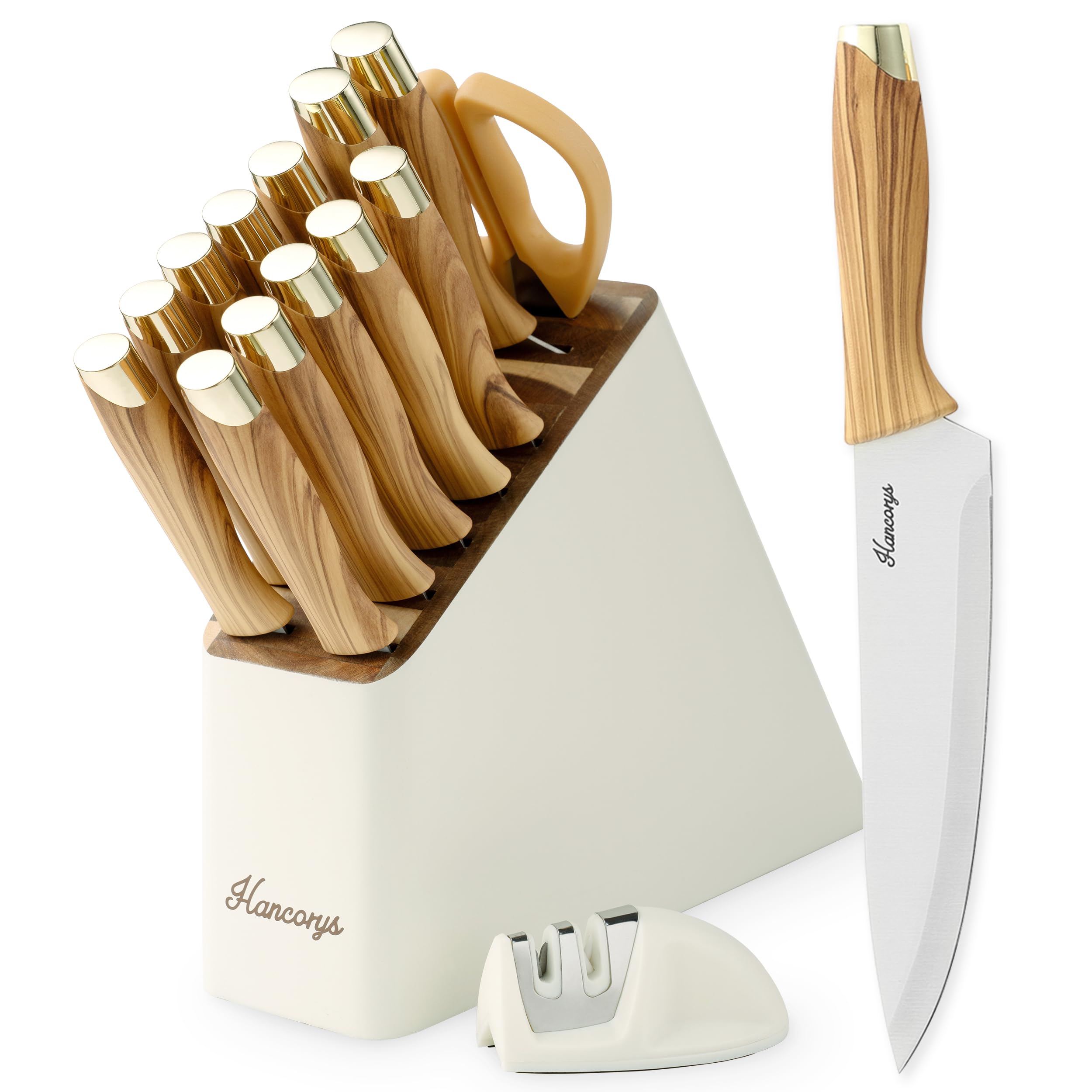 Knife Block Set Kitchen Knife Set with Sharpener German Stainless Steel Gold Knives Set with Block and Ergonomic