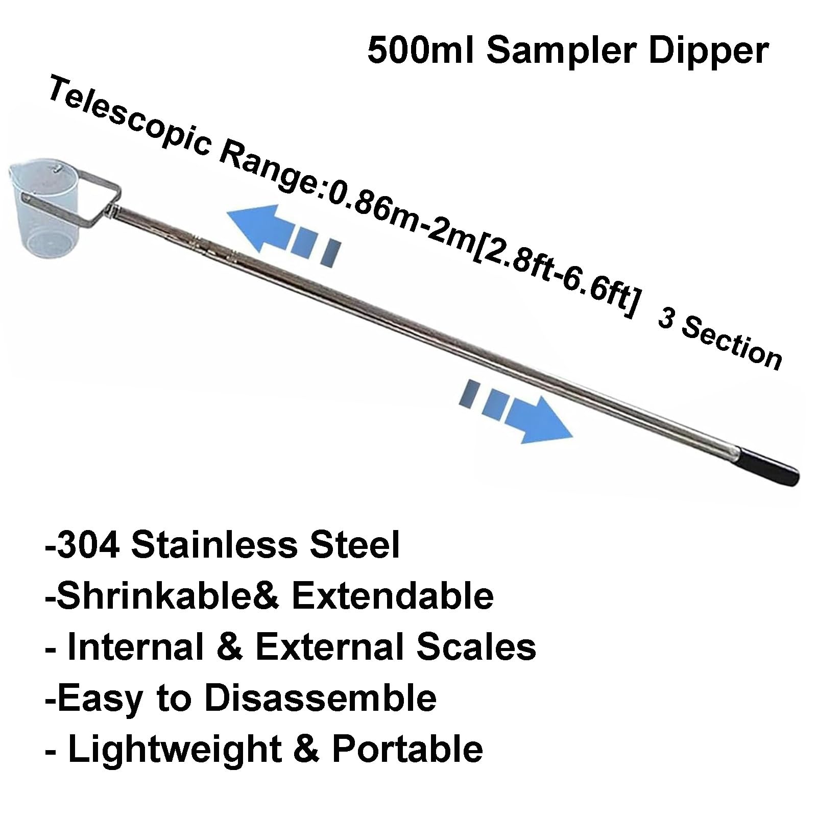 Ausziehbarer Wasserprobenentnahmestab mit abgestuftem Dipperbecher, 500/1000 ml Fassungsvermögen, ideal für Schlammproben, verstellbar, 1,5–7 m Länge, 500 ml