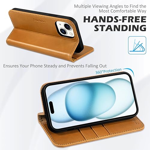 Miniatura 5 de SHIELDON Funda para iPhone 15 5G 2023, piel auténtica para iPhone 15, cartera con función atril, bloqueo RFID, tarjetero magnético a prueba de