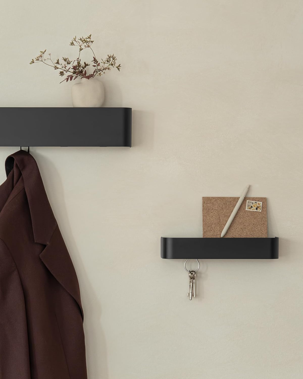 Kazai. Coat Rack Wall Mount with Shelf 'Tone' | Modern Design Coat Hanger with Hidden Hooks and Storage | Hat Rack with Shelf in Metal | Wall-Mounted Purse Organizer | Black