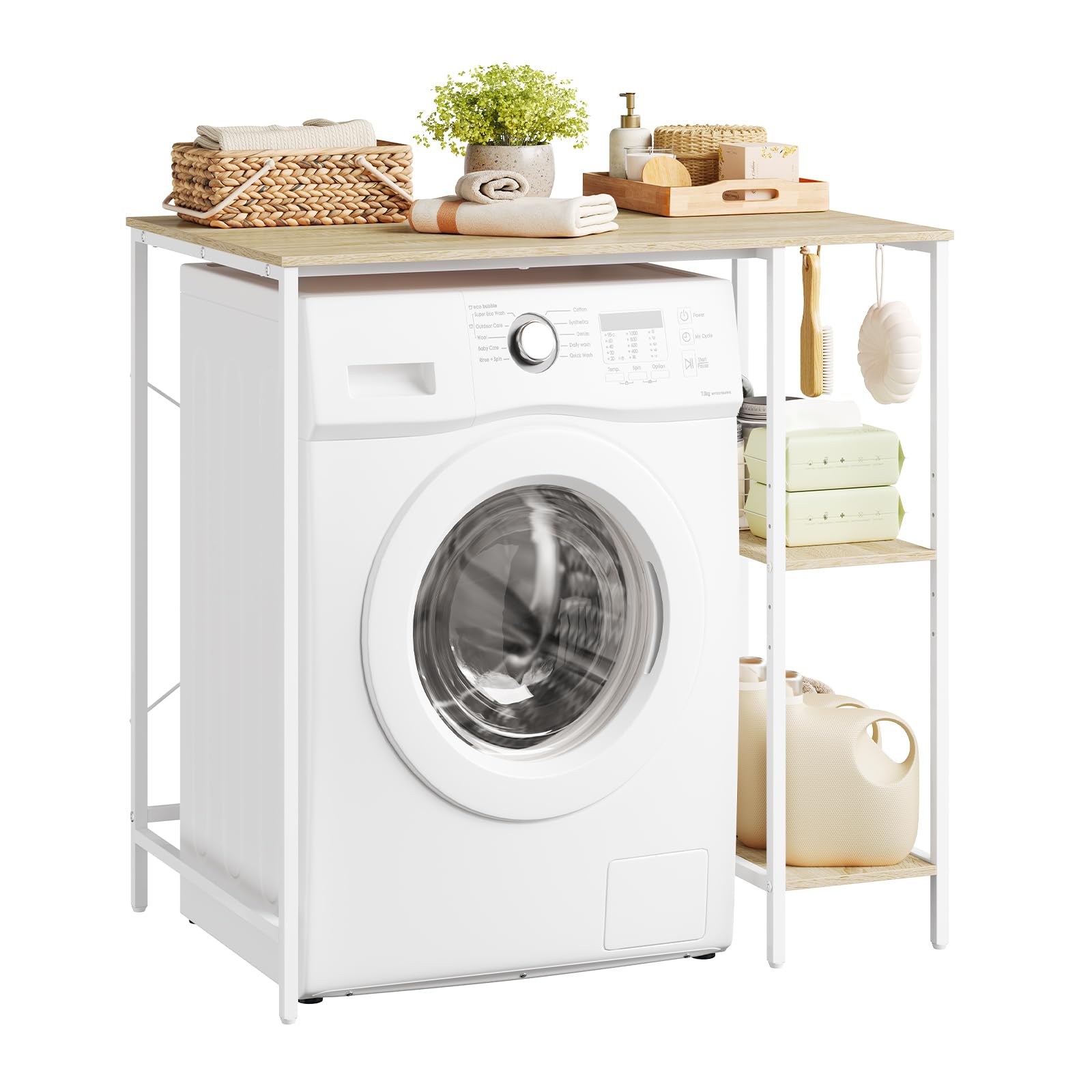 EUGAD Meuble Lave-Linge 2 Étagères Réglables Latérales 90x60x91 Blanc+Chêne | 2 Étagères Réglables, Latérales