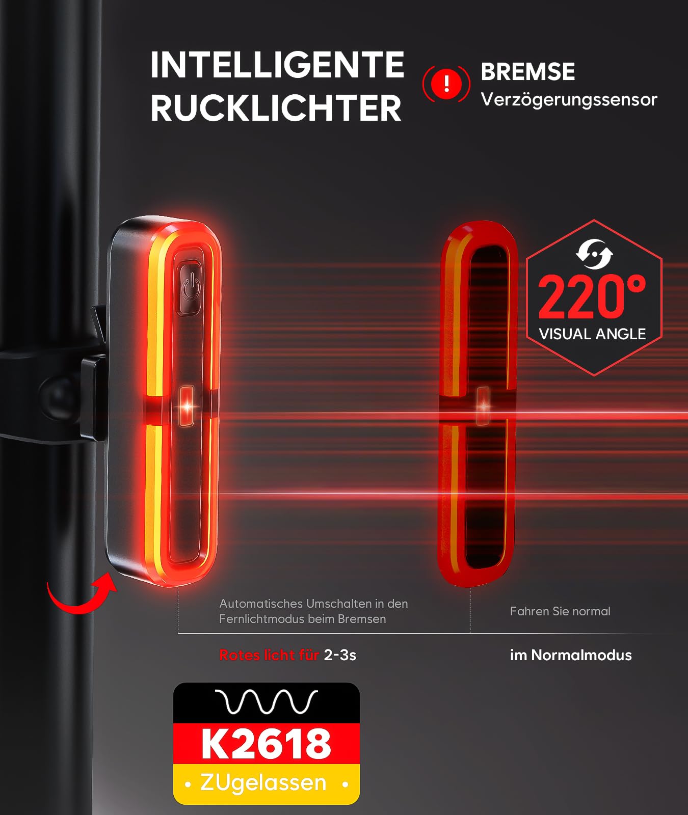 Set di luci per bicicletta con omologazione StVZO, fanale posteriore per bicicletta con funzione di luce del freno, ricaricabili tramite USB-C, impermeabilità IP65, luce anteriore e posteriore