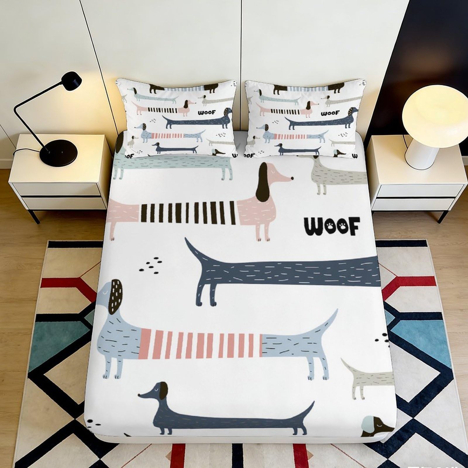 3D Printed Dachshund Pattern Fitted Sheet Microfiber Soft Breathable Cartoon Dog Bed Cover for Bedroom Dormitory Guest Room Mattress Protection Decor 200x200x25cm