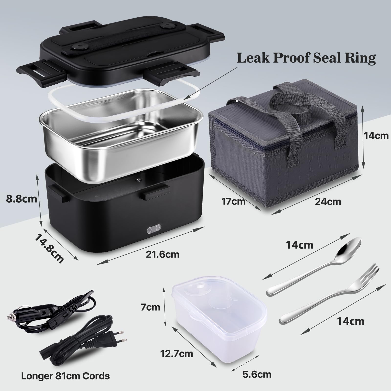 Kimfead Scaldavivande Elettrico Portatile 80W Lunch box elettrico 1,8L PortaPranzo Elettrico 12V/24V/230V Acciaio Inox Rimovibile Auto/Camion/Ufficio, Borse(1.8L-Nero)