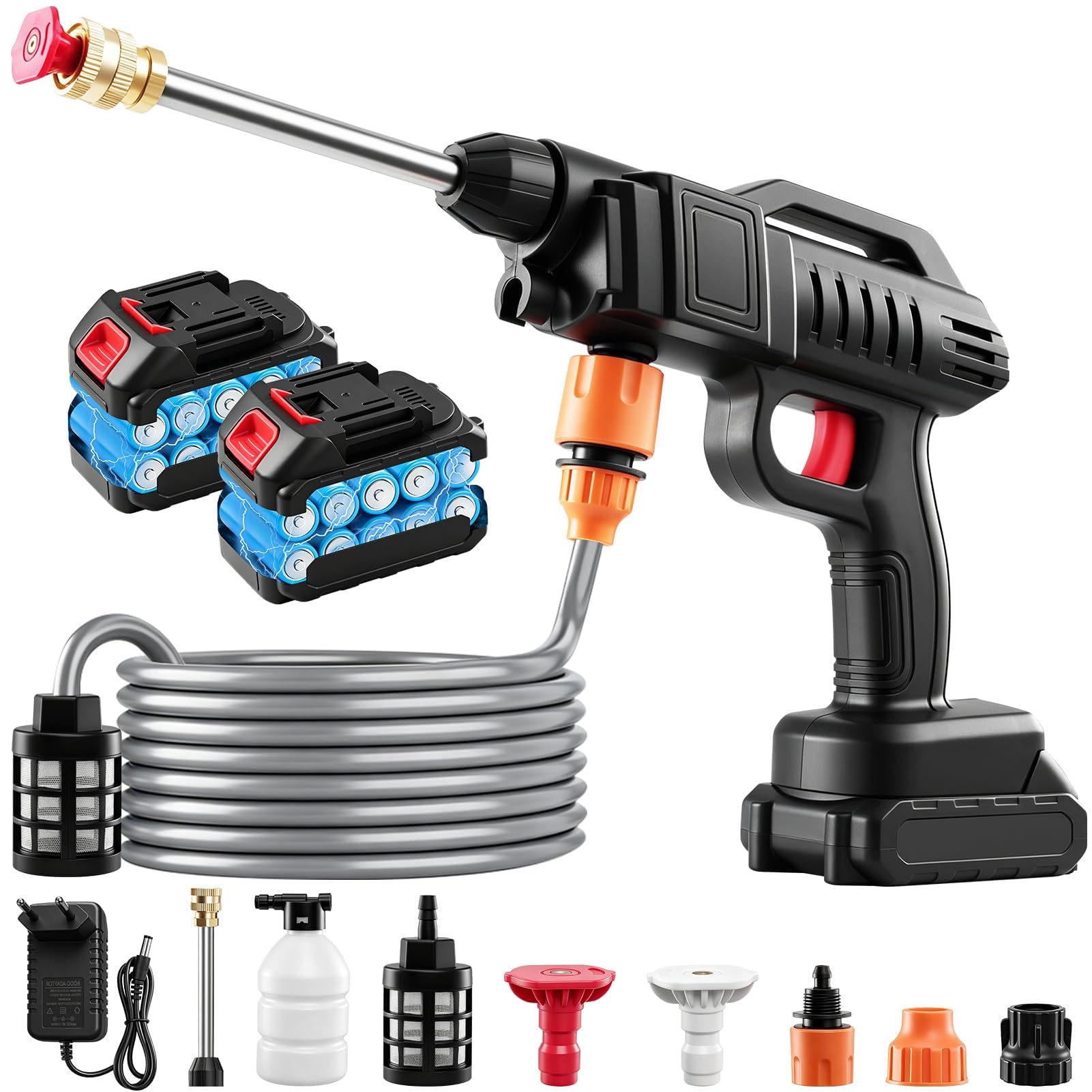 Limpiador de alta presión con batería 1500W – inalámbrico con 2 baterías de 2000mAh, 21V, 64 Bar – incluye manguera de 5m, 3 boquillas ajustables y filtro – ideal para auto, flores, terraza y