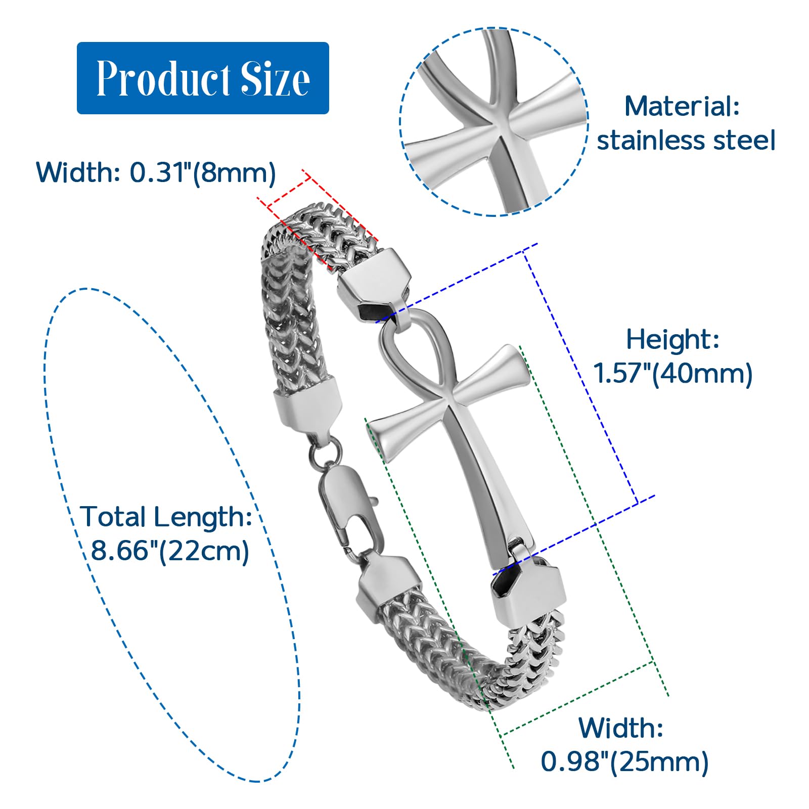 OIDEA Braccialetto egiziano Ankh da uomo: bracciale a catena Franco a doppia fila intrecciato Key of Life Bracciale da uomo in acciaio inossidabile Amuleto di protezione gioielli regalo