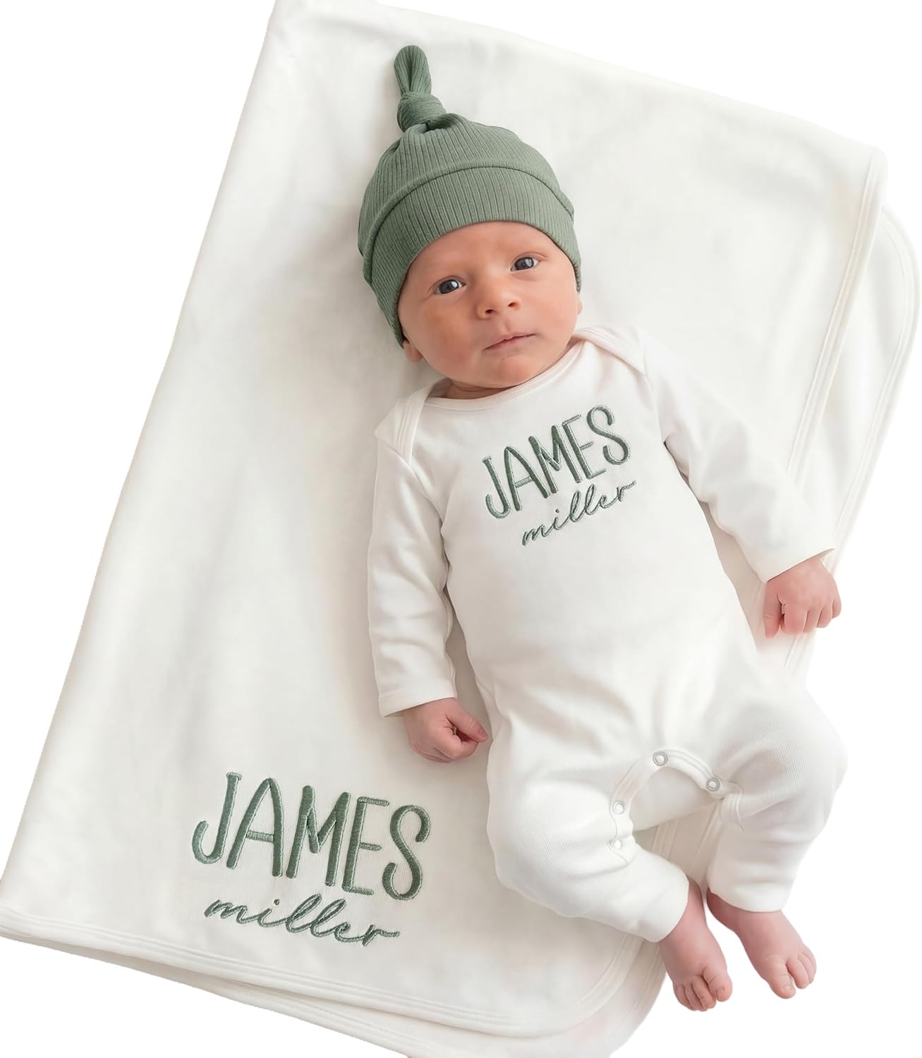 Linkababy Personalized Baby Boy Coming Home Outfit, 100% Cotton Embroidered Romper, Hat, Blanket, Baby Showers, Newborn 0-3M