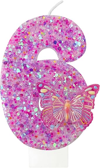 Zlongron Number 6 Candle, Pink Butterfly with Sequins Birthday Cake Candle, Butterfly Decorations for Birthday, Suitable for Girls Birthdays, Parties, Anniversaries Butterfly Cake Decorations Pink6