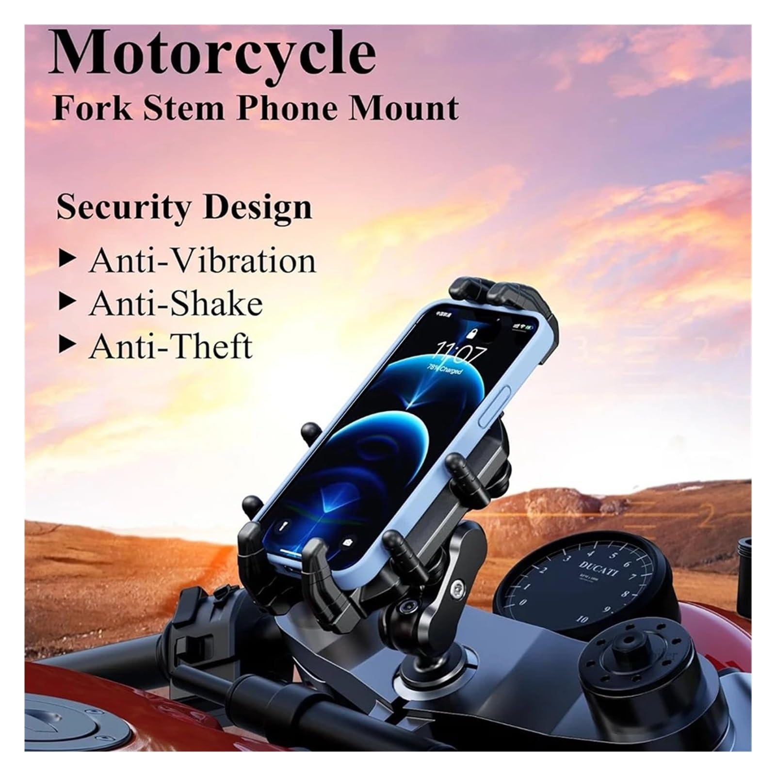 Soporte Manillar Moto Soporte para Teléfono Horquilla Motocicleta con Amortiguador Vibraciones Y Bloqueo Seguro Alta Velocidad Antirrobo Soporte Móvil Bicicleta