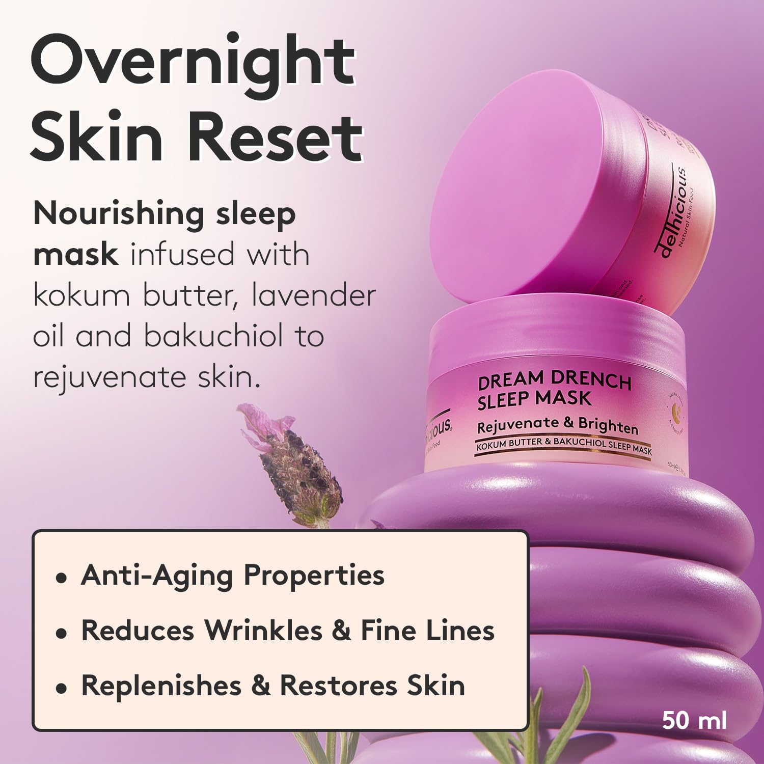 Delhicious Dream Drench Sleep Mask, Hydrating Overnight Face Mask with Kokum Butter & Bakuchiol, Soothing & Brightening - Image 2