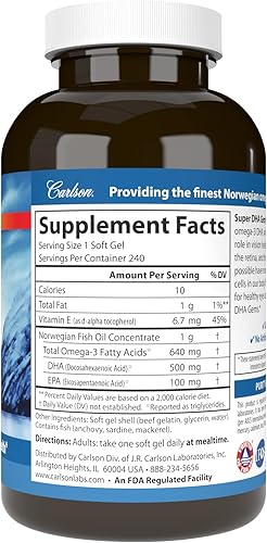 Miniatura 2 de Carlson - Super DHA Gems 1000 mg Suplementos DHA 640 mg ácidos grasos concentrado de aceite de pescado noruego capturado salvaje cápsulas de aceite