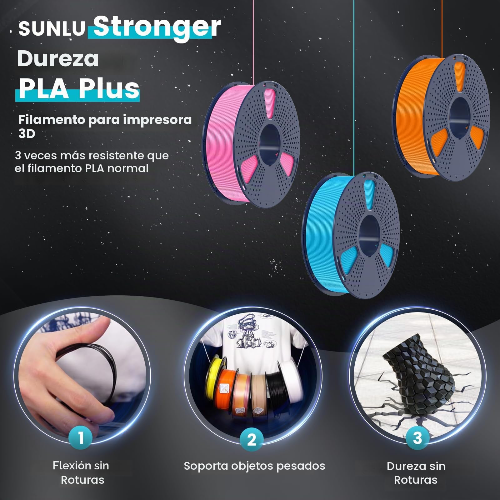 SUNLU PLA Plus - Lote de filamentos para impresora 3D (10 kg), multicolor | Filamento PLA+ 1,75 mm, negro+blanco+gris+rojo+azul pequeño+verde+naranja soleado+amarillo brillante+café+roble