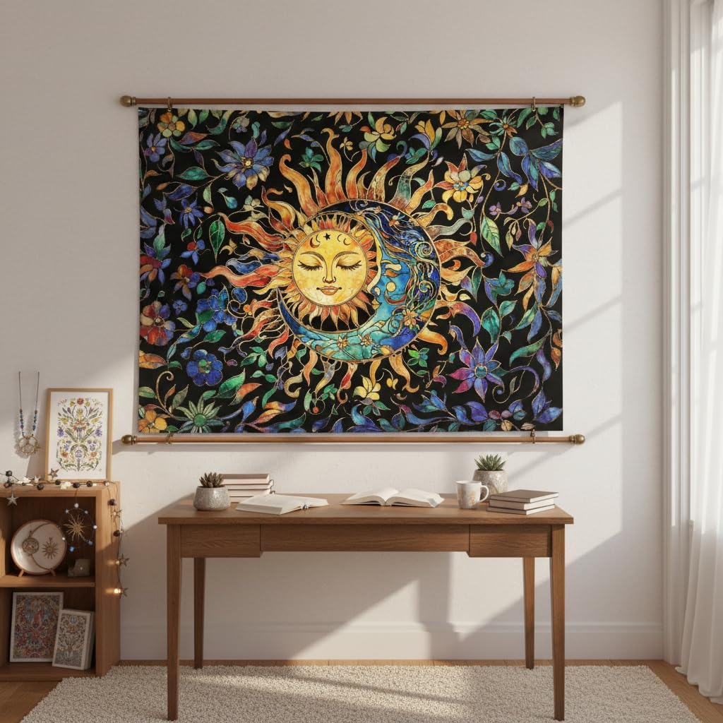 Aipon Sun and Moon Tapestry for Bedroom Boho Hippie Floral Wall Tapestry Aesthetic Vintage Stained Glass Plant Small Tapestries Wall Hanging for Living Room Dorm 48 x 36 Inch