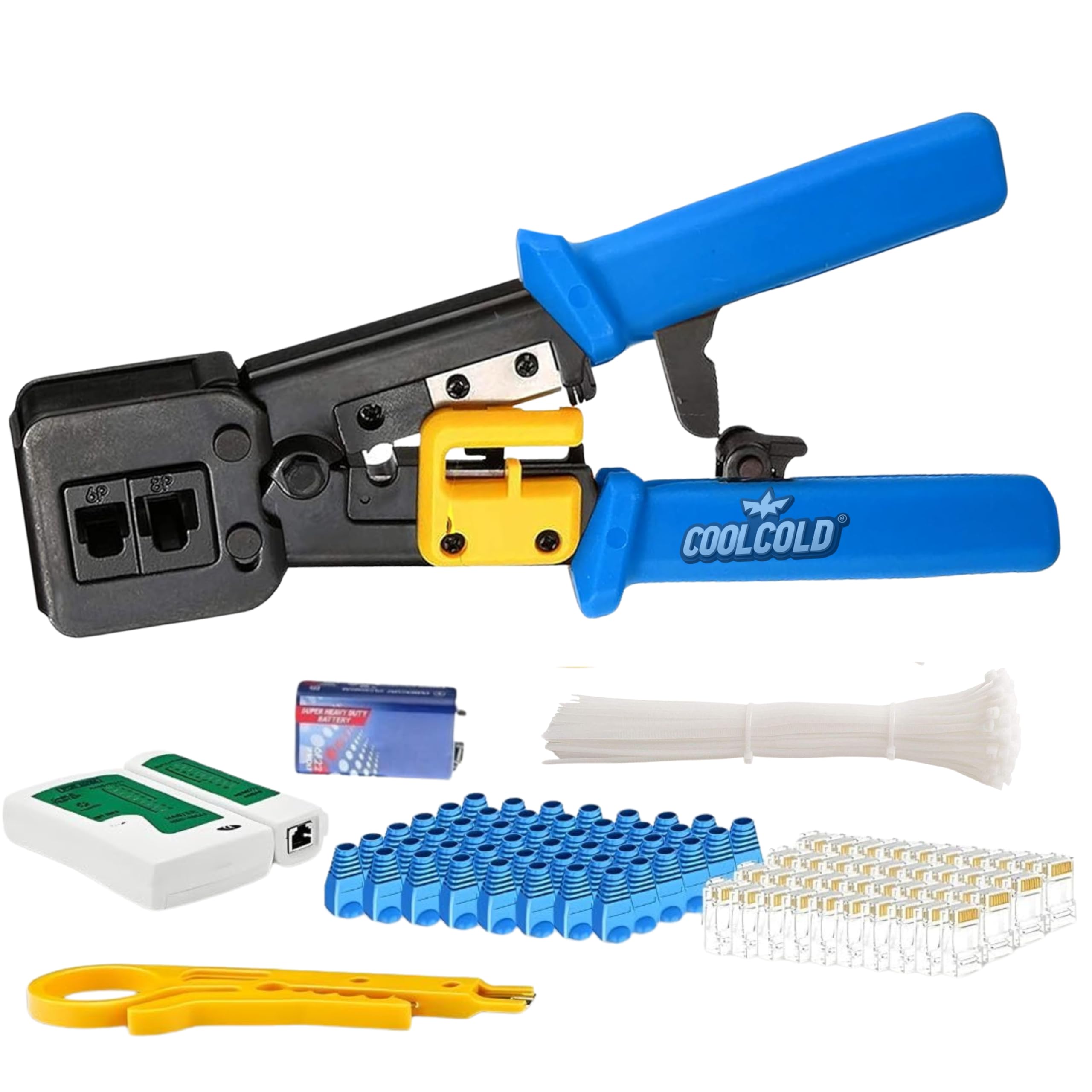 COOLCOLD RJ45 Crimping Tool | Kit – Passthrough Ethernet Crimper – Includes Network Cable Tester with Battery, Wire Cutter, 10pc Cat6 Pass-Through Connectors & 10pc Boots, 10pc Cable Ties-image-38