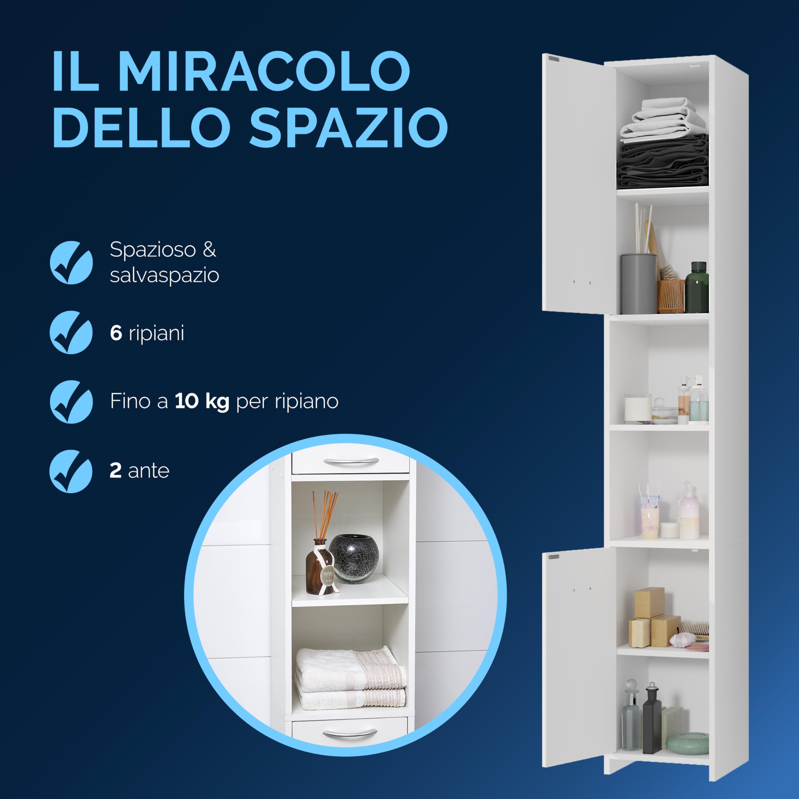 Casaria® Mobile Alto Bagno 6 Ripiani 180x30x30cm Armadio Salvaspazio Mobiletto Asciugamani Mobili a Colonna Arredo Bagno Mobiletti Salvaspazio