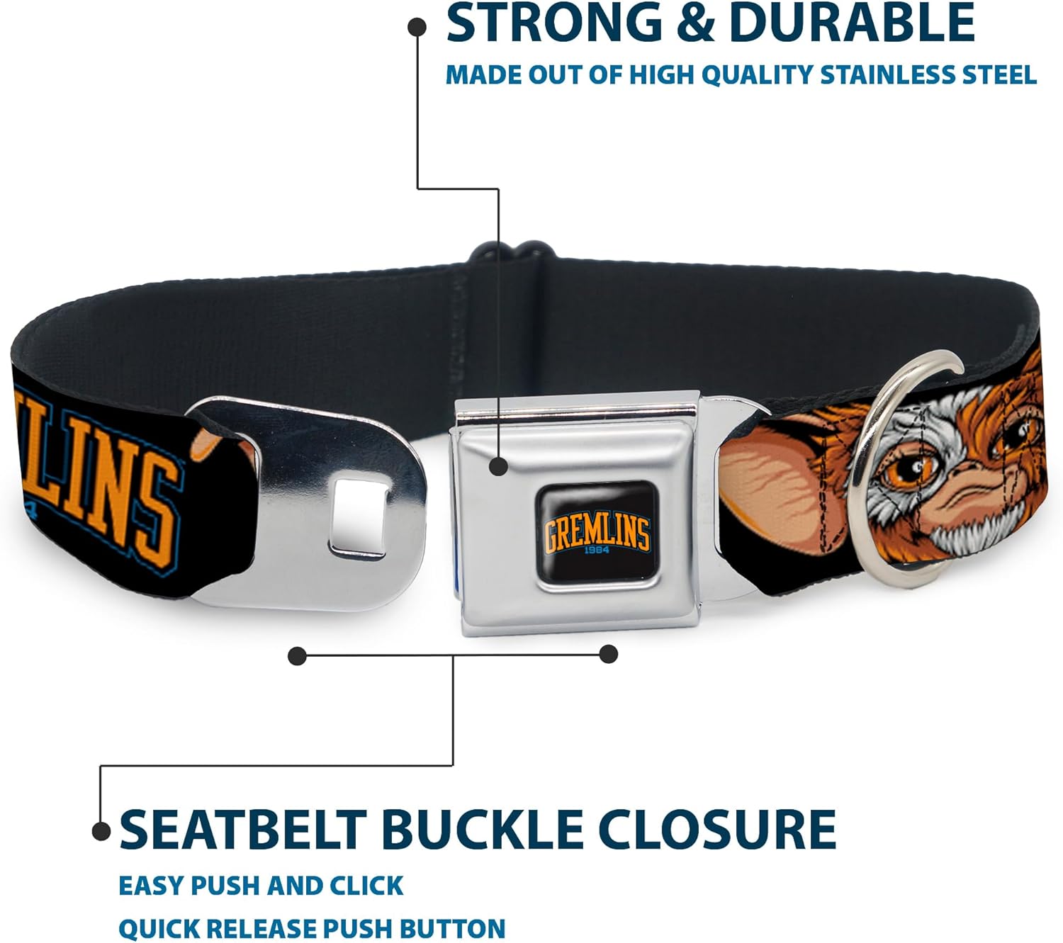 Warner Bros. Horror Movies Pet Collar, Dog Collar Metal Seatbelt Buckle, Gremlins 1984 Gizmo Face Close Up Black, 13 to 17 Inches 1.5 Inch Wide
