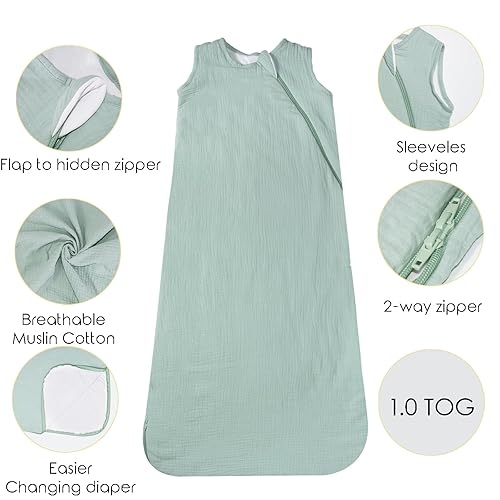 Miniatura 9 de Dormlony Manta unisex de muselina de algodón orgánico para bebé, unisex, con cremallera de 2 vías, saco de dormir de 1.0 tog para 6-18 meses, color