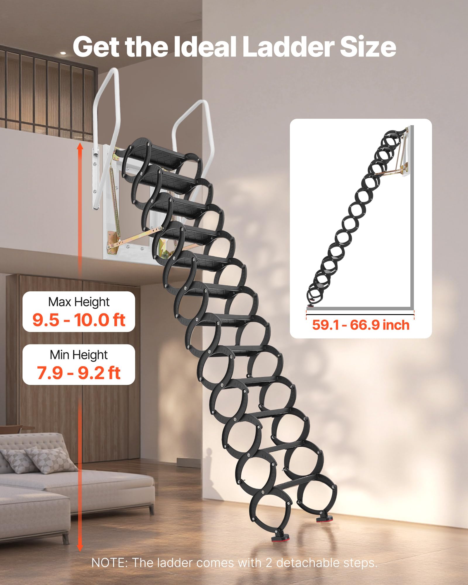 VEVOR Dachbodenleiter zur Wandmontage, Tragkraft 299,4 kg, passend für Deckenhöhen von 2,9 bis 3,05 m, 12-stufige Stahl-Scherentreppe mit Handläufen, für Dachböden, Garagen, Dächer, Keller