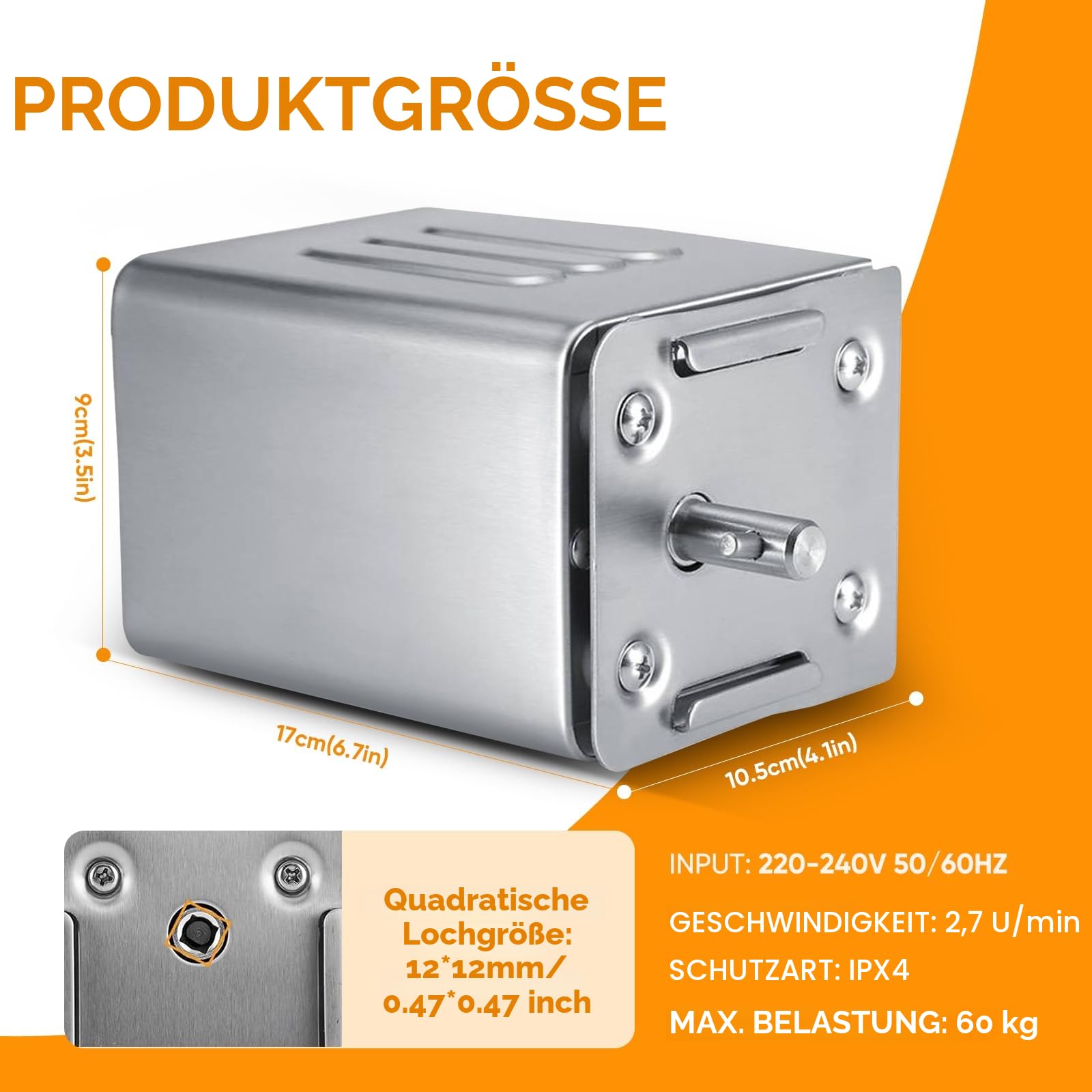 15W SP-S40 60KG/132LBS Edelstahl BBQ Grill Zubehör 2.7 RPM Bräter Elektromotor Ziegenschwein Huhn BBQ Spieß Rotisserie Roaster Grill