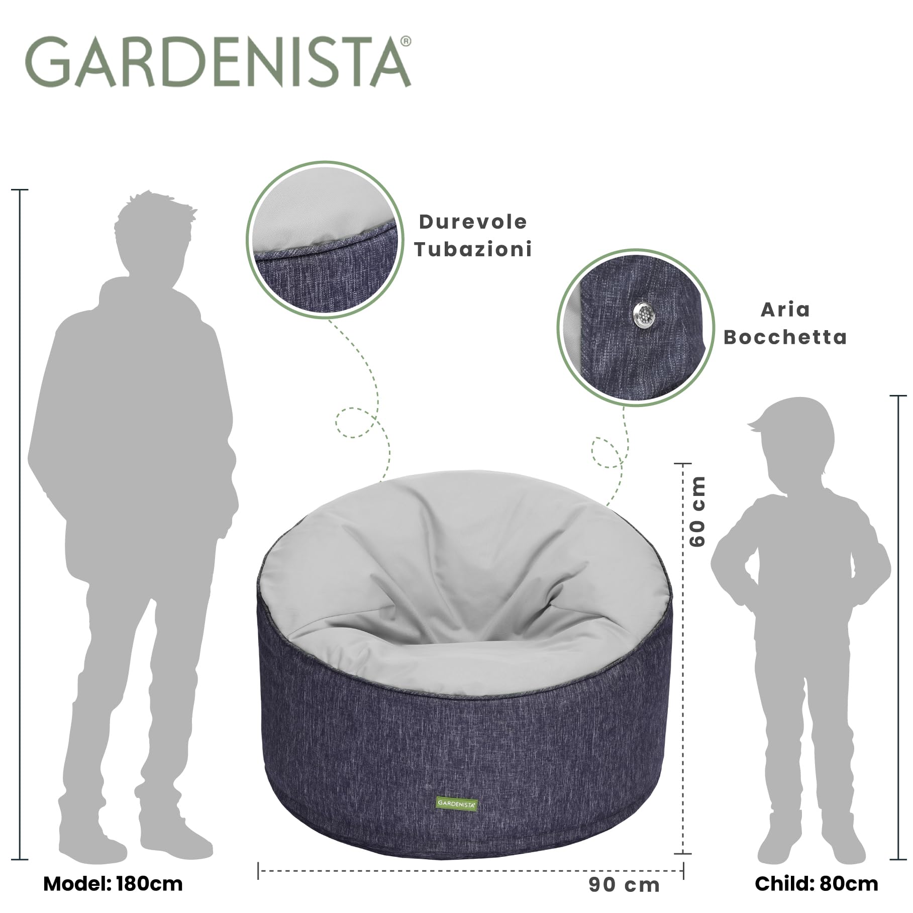 Gardenista Pouf Rotondo 60x90cm, Interno/Esterno Bean Bag Poltrone per Adulti, Resistente all'acqua Pouffe a Sacco con Riempimento Perle EPS, Pouf Poltrona Sacco Soggiorno e Giardino (Grigio)