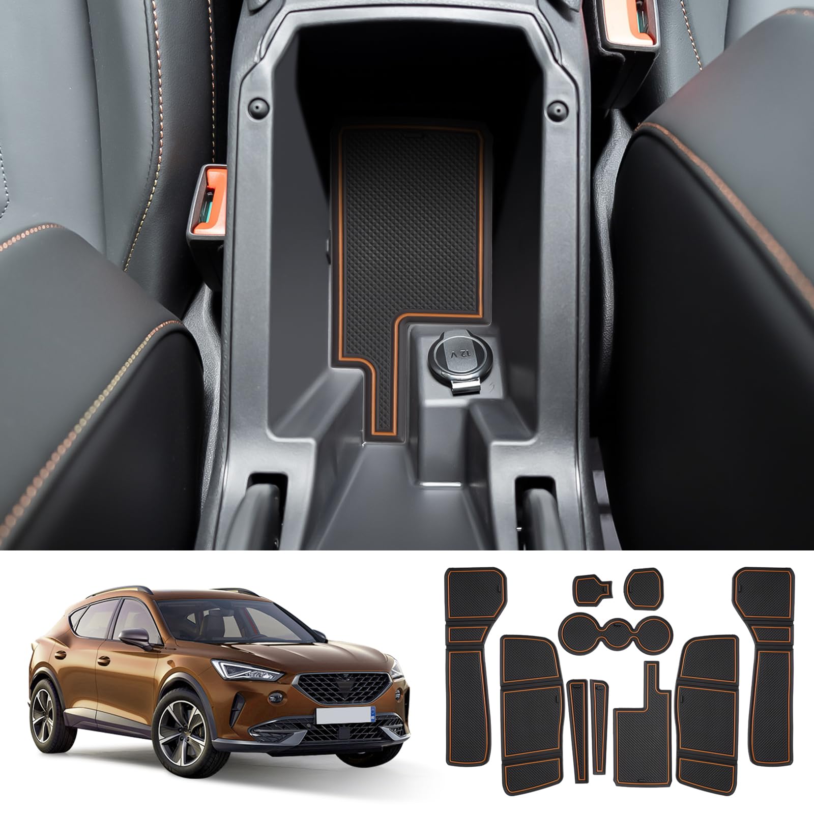 Coleya Non-Slip Mats Compatible with Cupra Formentor 2021-2024 (Electronic Automatic), Centre Console Rubber Mats, Door Seam Mats, Drink Holder Mat, Formentor Non-Slip Mats (Brass Colour)