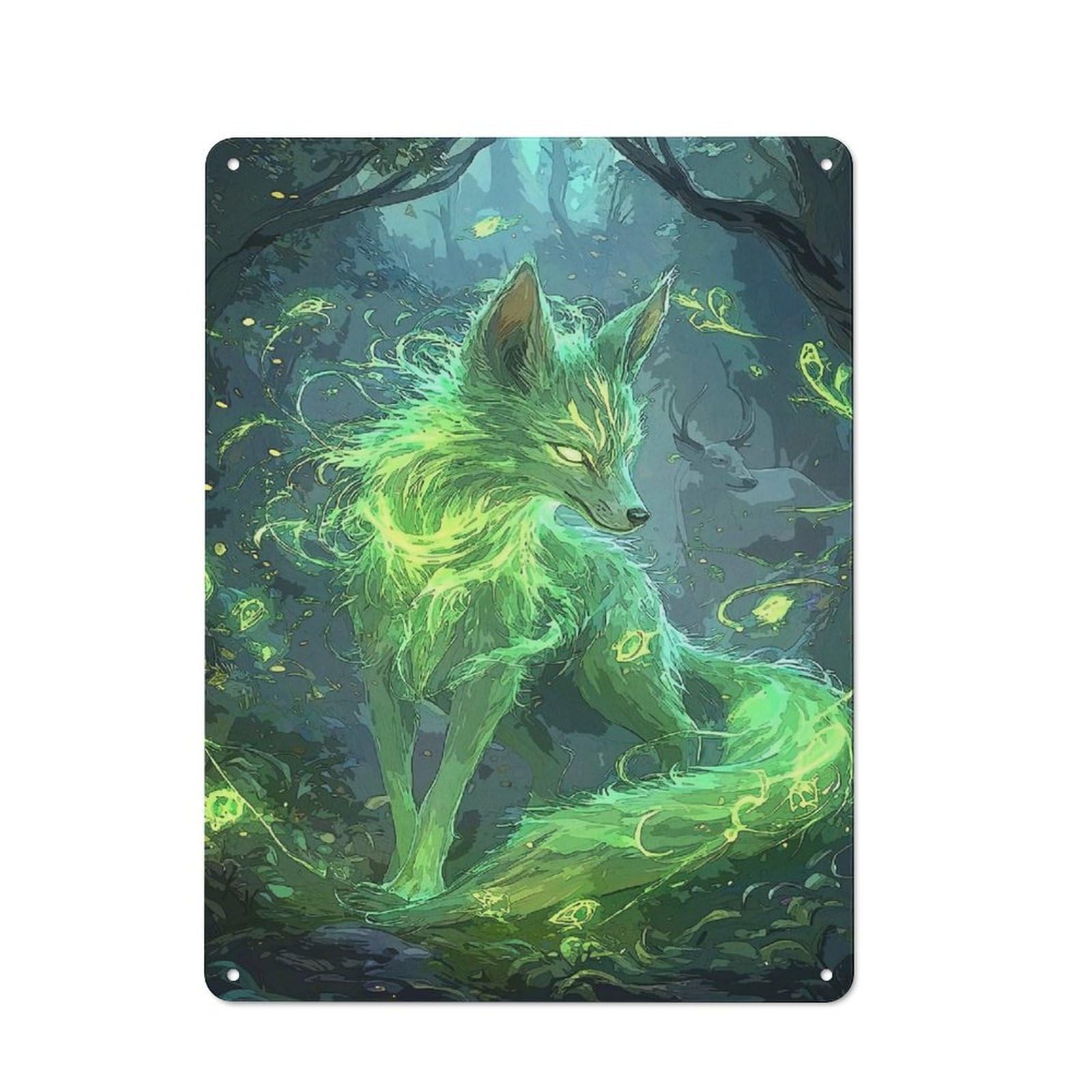 Junmoney Style-20 Metal Sign 40X30cm With Glowing Green Fox Forest For Workshop Wall, Vintage Decor, For Vintage Wall Decor Fans, For Metal Sign Collectors