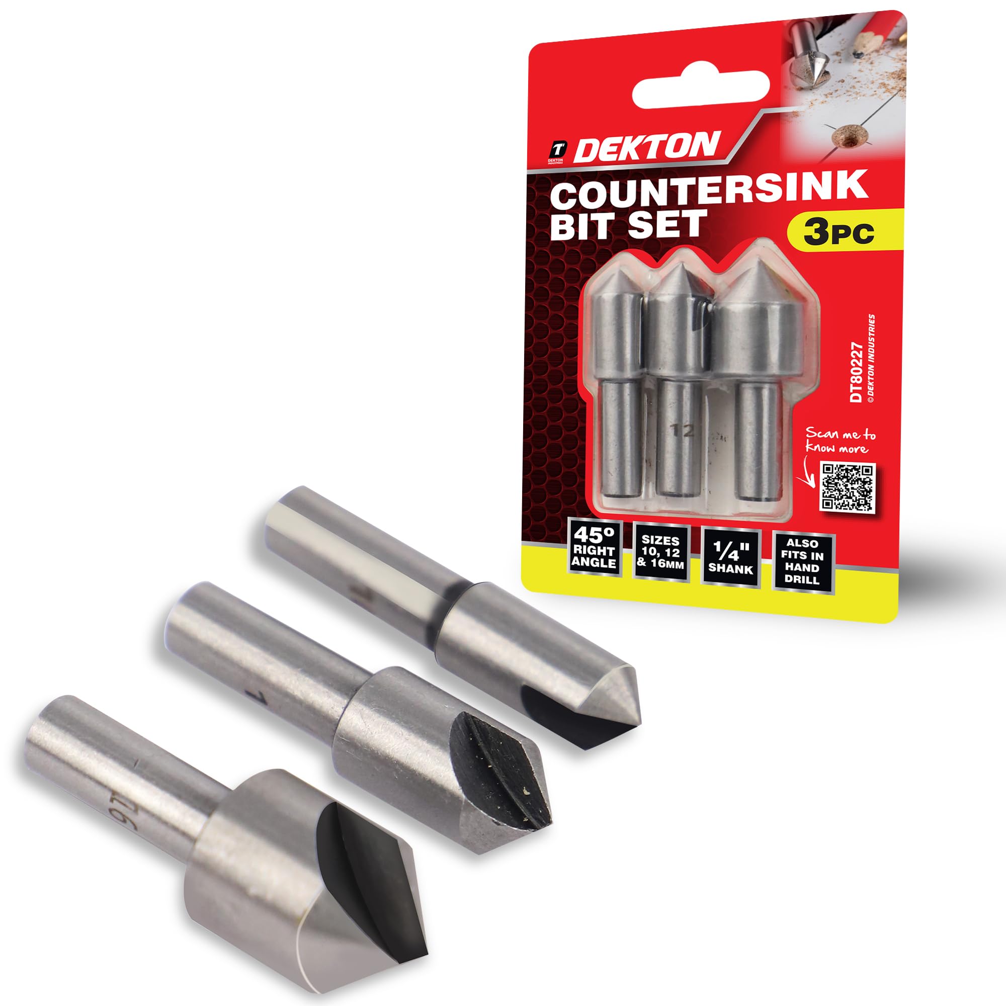 Dekton 3 Piece Countersink Set 10mm 12mm 16mm 1/4 Shank Wood Plastic DIY