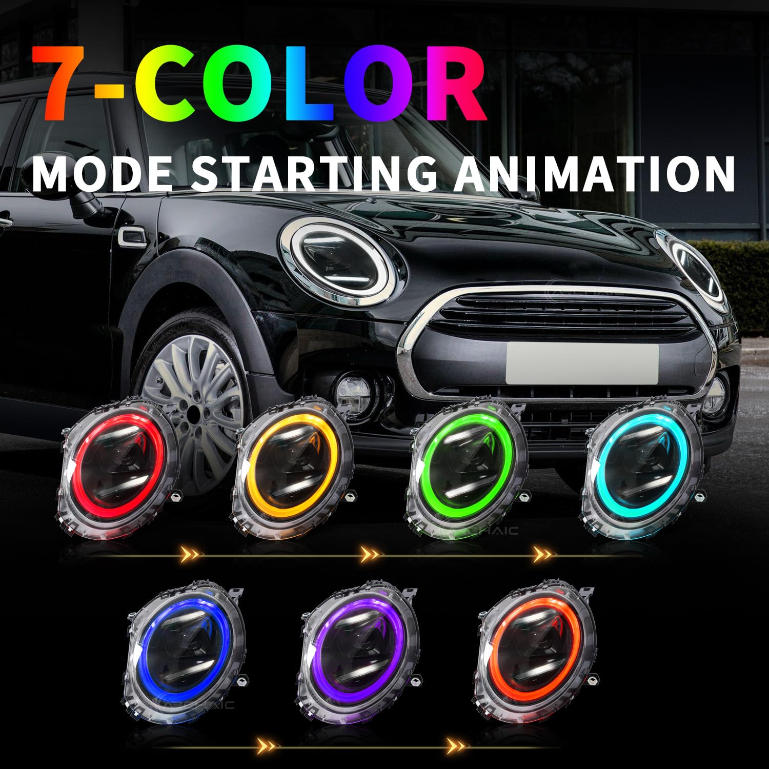 Archaic RGB LED Reflektory kompatybilne z Mini F56 Clubman Cooper F54 F55 F56 F57 F58 F59 JCW 2014-2021, do modeli halogenowych OE z animacją DRL, para