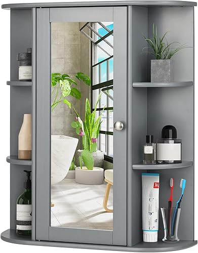 COSTWAY Armario de baño montado en la pared, organizador de almacenamiento con puerta de espejo, estantes ajustables y 6 estantes abiertos, gabinete