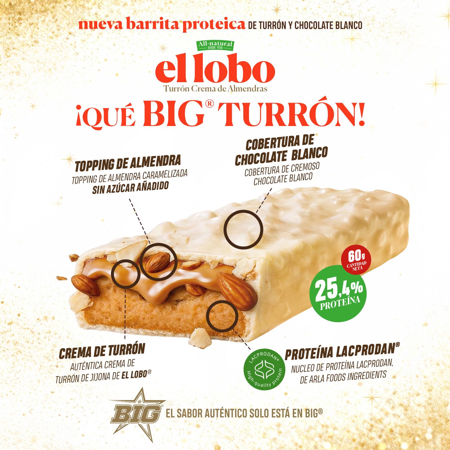 BIG - Barritas Proteina - Barritas Proteinas Turrón Almendras y Chocolate Blanco El Lobo - Snack Saludable Alto en Proteínas - +25gr por Barrita - Protein Bar Sabor Turrón - Sin Gluten - Caja (15 uds)