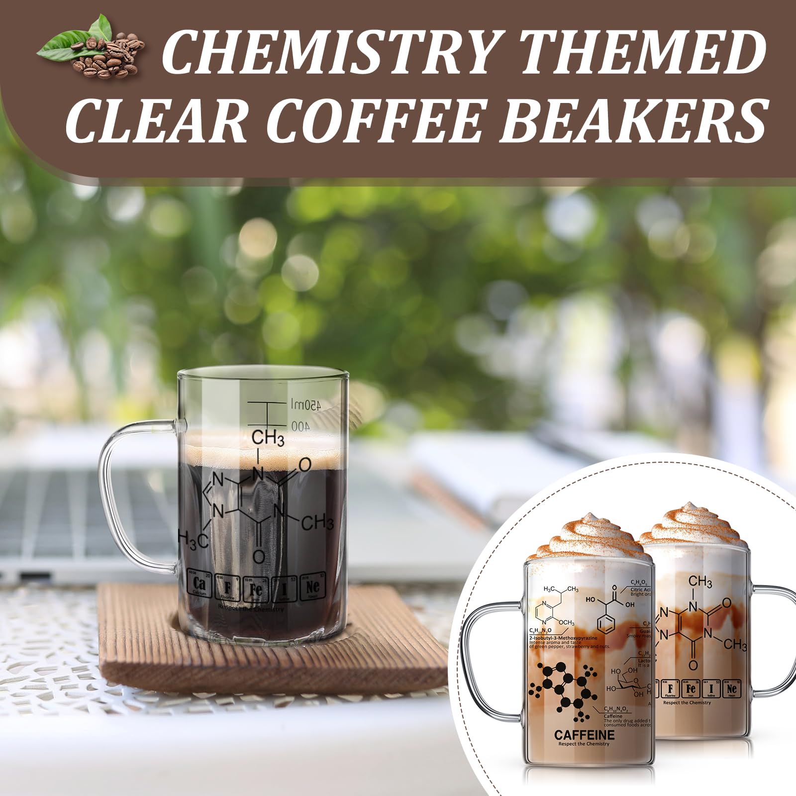 Layhit Vasos de química, vaso de cafeína, taza de vidrio grueso para café, taza de vidrio borosilicato con moléculas químicas, cristalería graduada de química con asa, regalo de ciencia farmacéutica