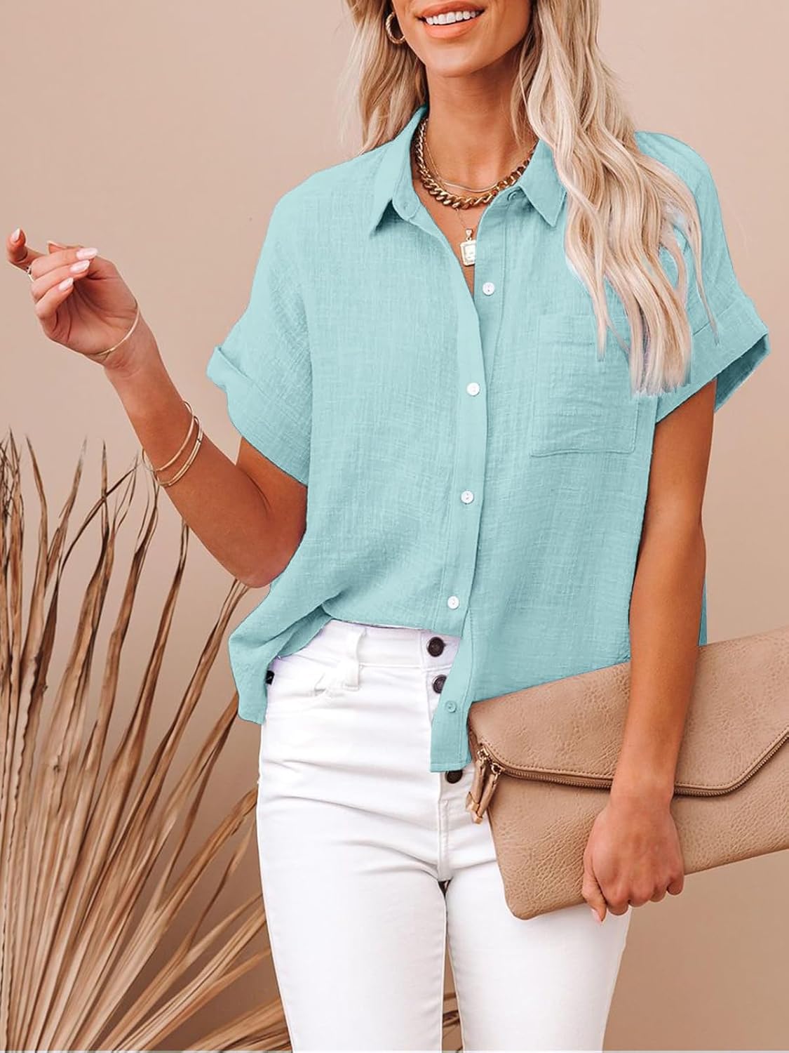Womens Casual Cotton Linen Button Down Short Sleeve Shirts Solid Summer Beach Blouses Tops with Pocket - Image 2