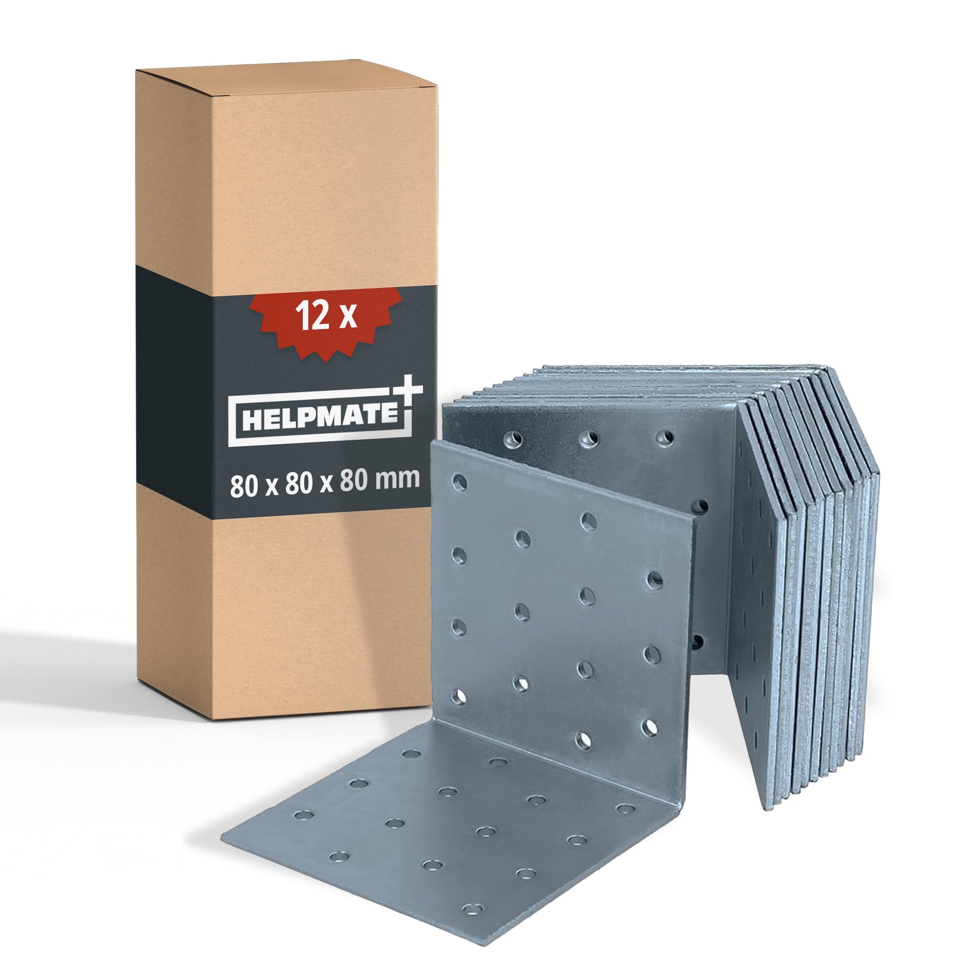 HELPMATE – 12 piezas escuadras perforadas 80x80x80 mm – conector angular galvanizado electrolíticamente & pasivado azul – conector para madera con excelente protección anticorrosión