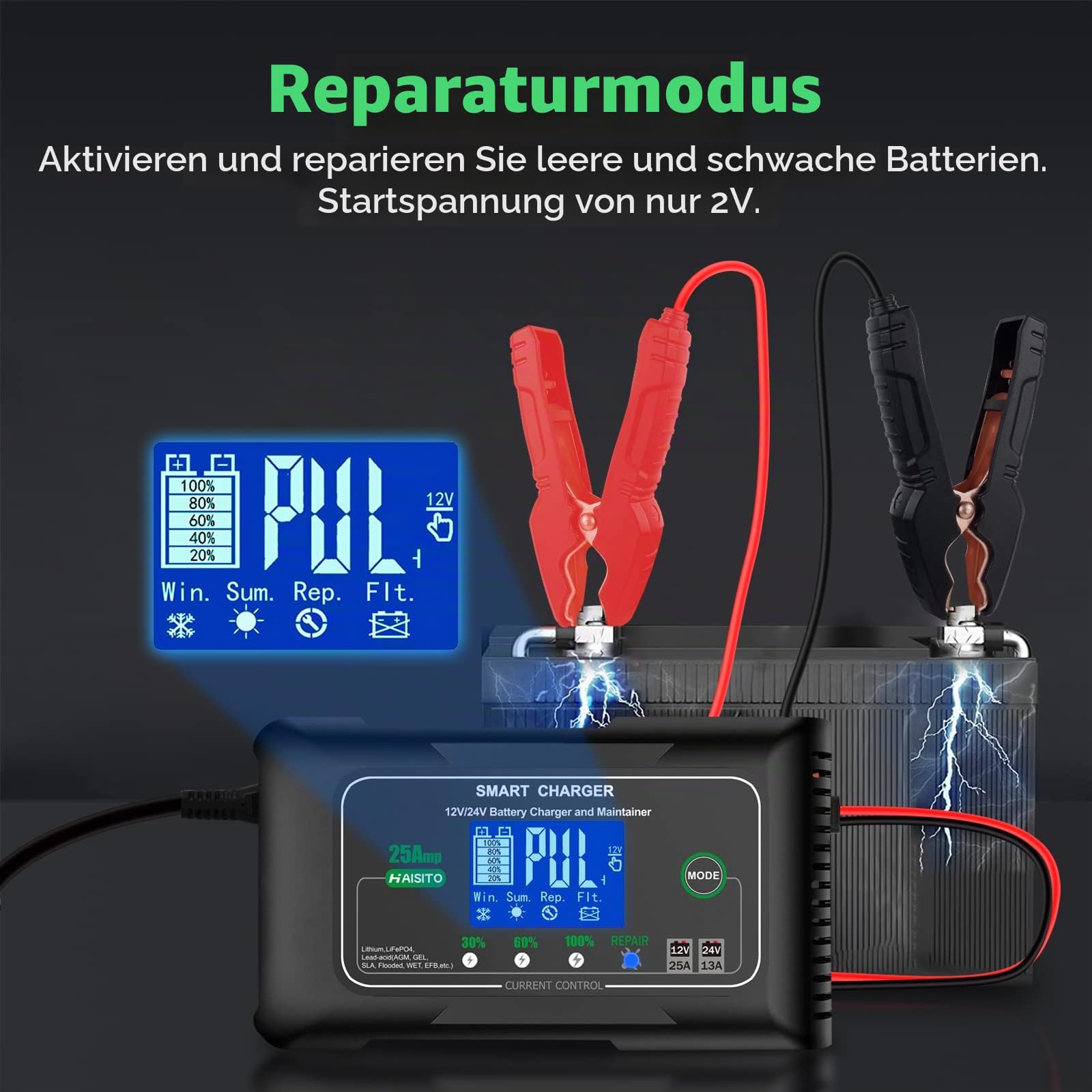 Haisito Ladegerät Autobatterie 12V/24V 25A, Intelligentes Schnell KFZ Batterieladegerät LiFePO4 , Erhaltungsladegerät für Auto Motorrad Lithium Bleisäure Batterien(AGM, Gel, EFB, MF, VRLA)