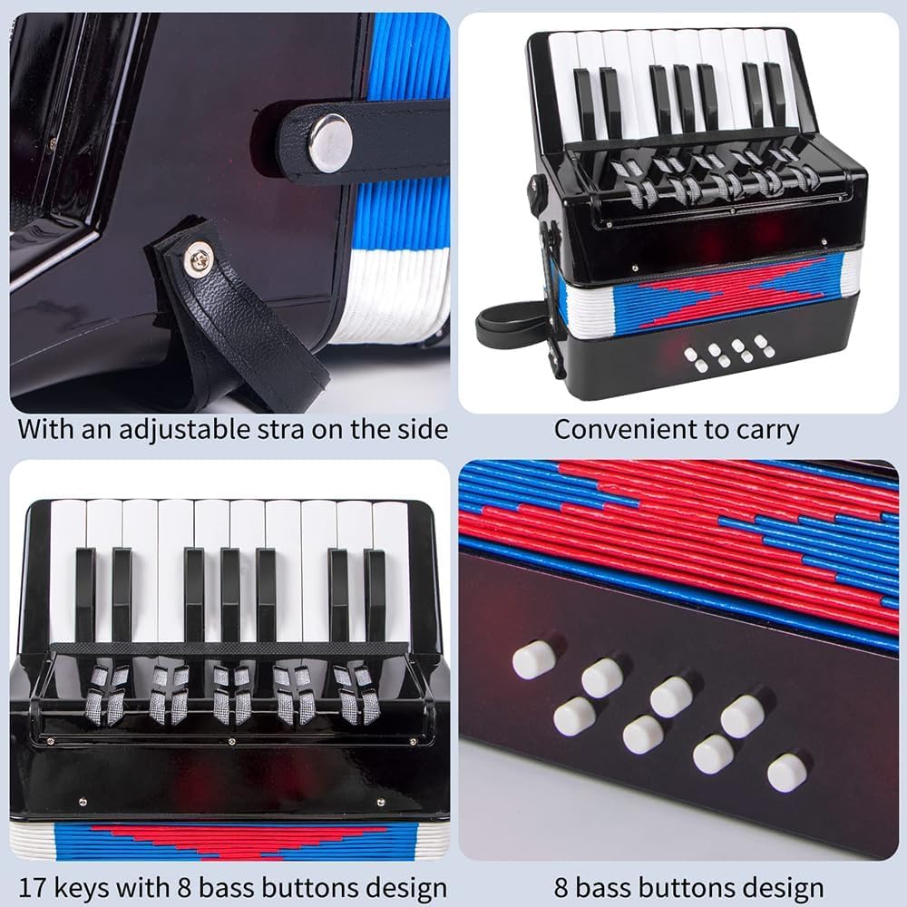 Accordeon Enfant，Accordeon，Accordéon Piano 17 Touches 8 Basses Instrument de Musique Avec Sangle en Cuir Rétractable，Convient aux Débutants, Aux Adultes Ou Aux Étudiants Instruments Éducatifs, Cadeaux
