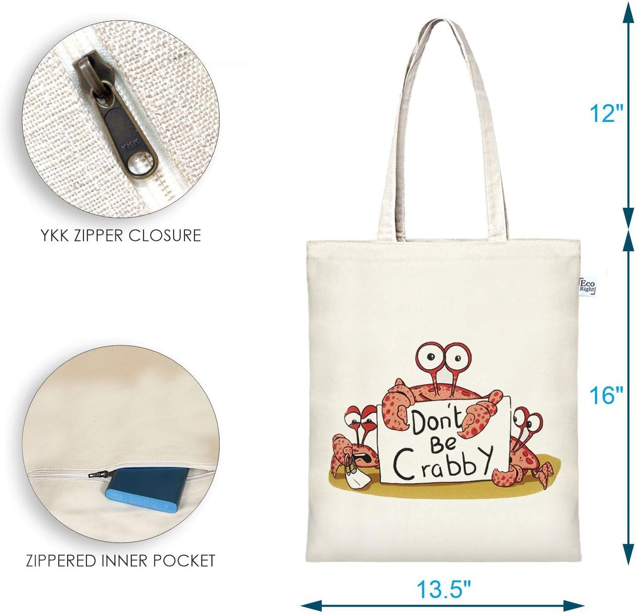 Ecoright Tote Bag for Women with Zipper, Small Tote Bag, Canvas Bag, Reusable Cotton Bag for Beach, Grocery, School & Work - Image 3