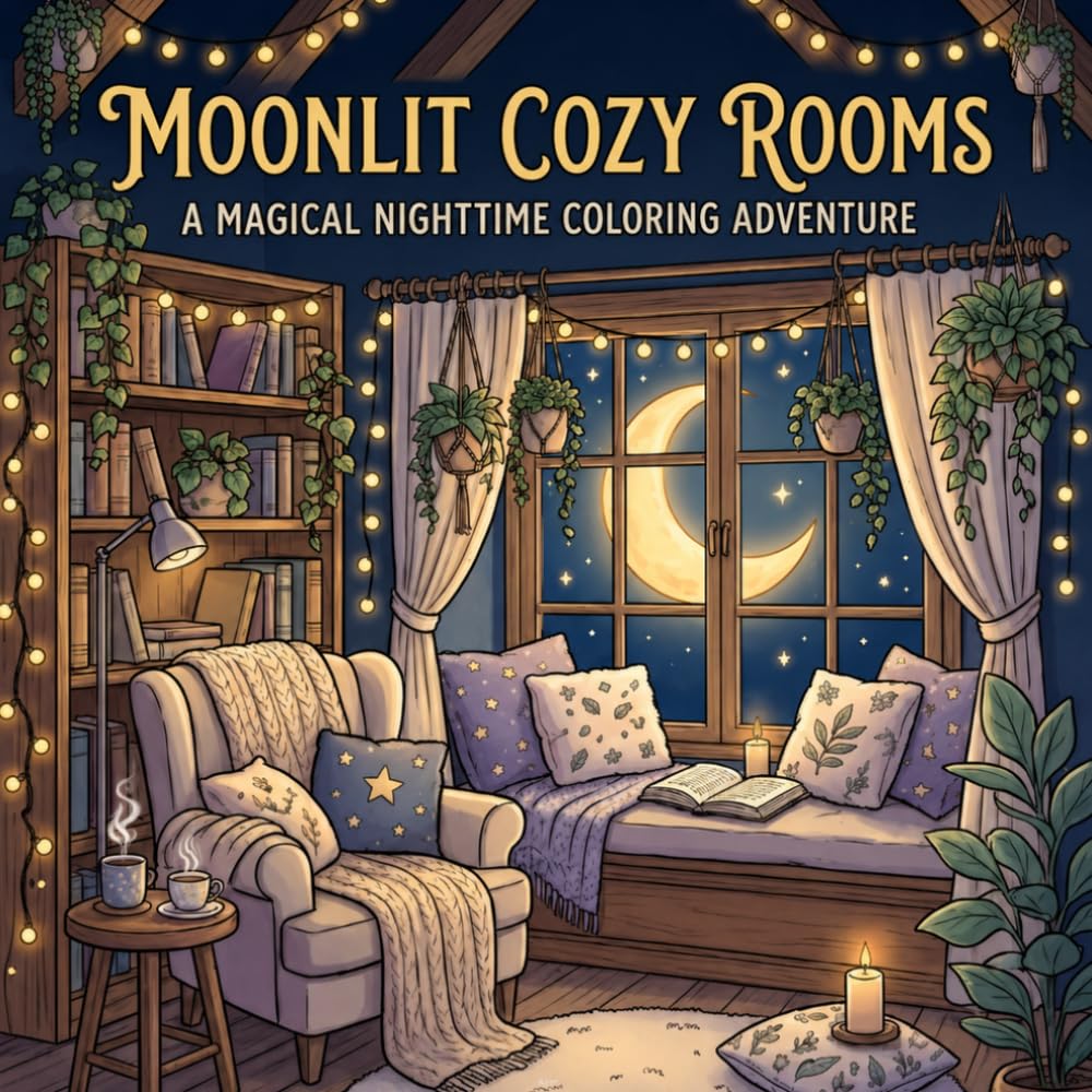 MOONLIT COZY ROOMS: A Relaxing Adult Coloring Book Filled with Peaceful Nighttime Spaces, Warm Lights, and Cozy Comfort