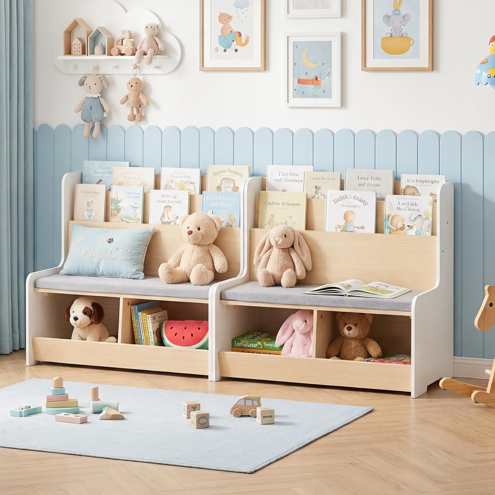 COSTWAY Libreria Montessoriana per Bambini con Panchina, Porta Libri Bambini con Portariviste a 2 Ripiani, 2 Scomparti Aperti e Cuscino Seduta Rimovibile, Libreria Salvaspazio per Cameretta (Bianco)