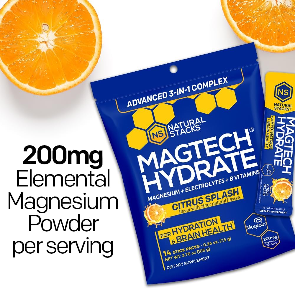 MagTech Magnesium Hydrate Packets - Sugar Free Hydration Powder - Magtein Magnesium L-Threonate, Glycinate & Taurate - 200mg Chelated Triple Complex - Supports Hydration & Brain Health* - 14 Servings - Image 4