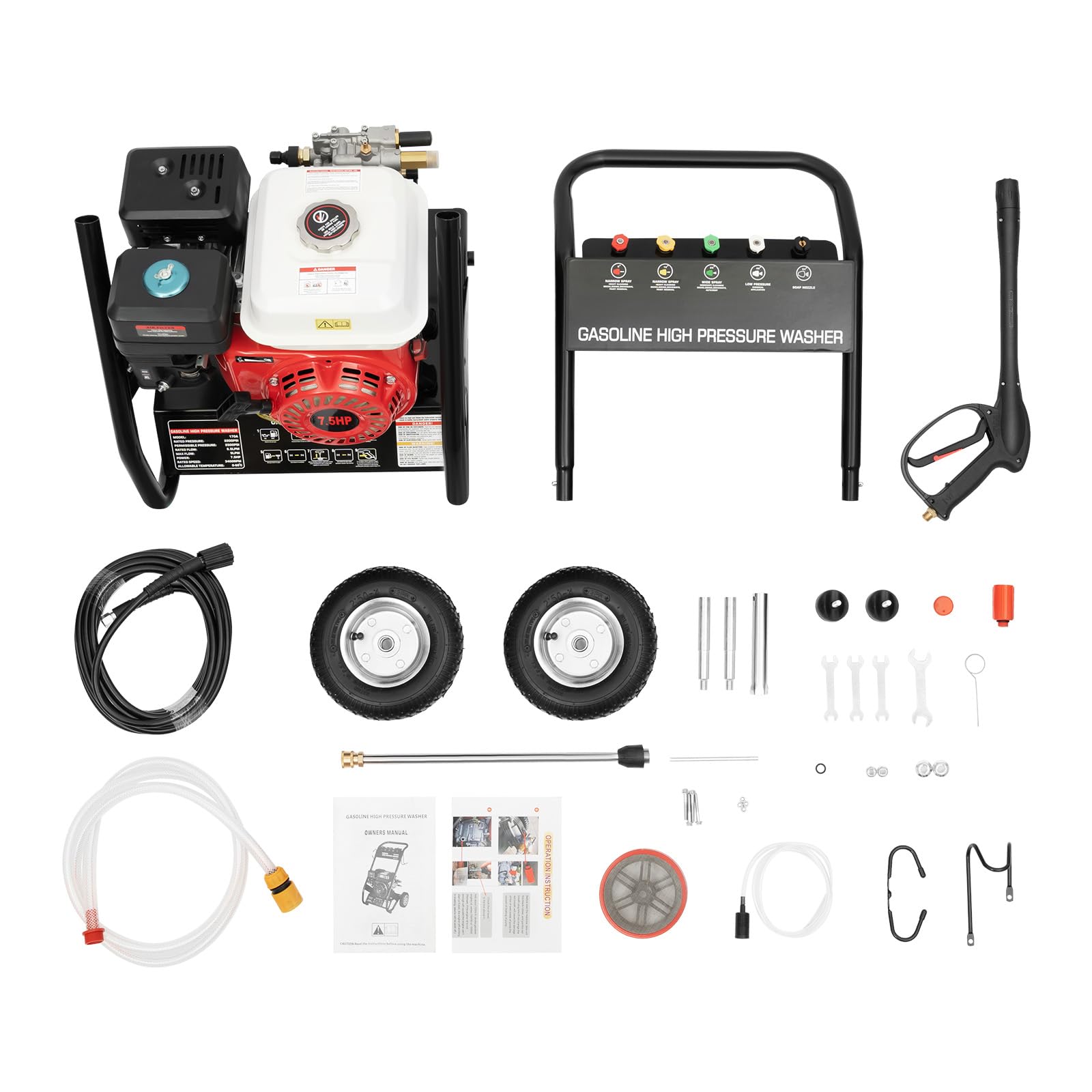 Limpiador profesional a presión de gasolina, motor 7,5 HP 2200 psi, 170-190 bar, para cubiertas, patios, porches, coches, paredes, terrazas, zanjas