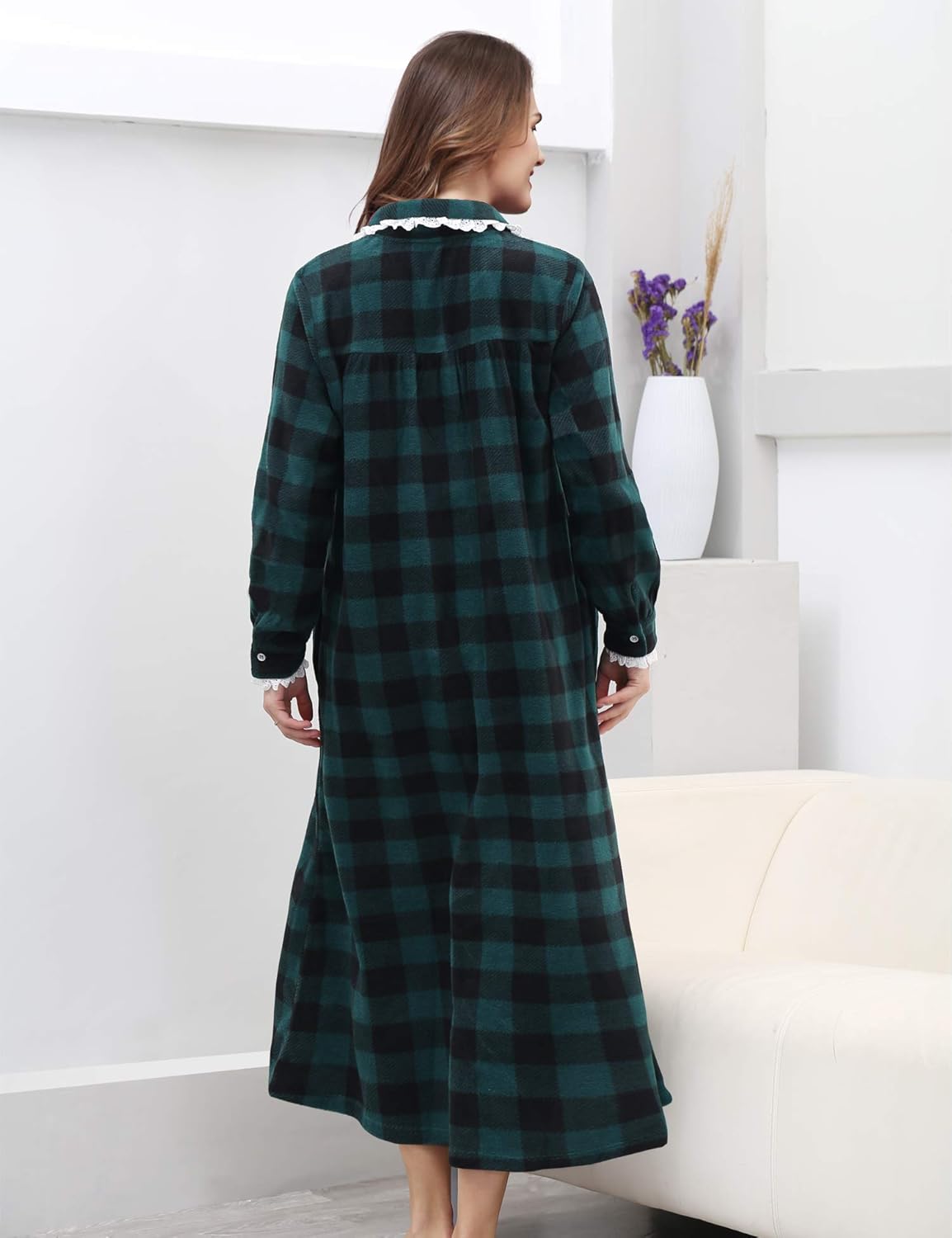 COLORFULLEAF Women's Plaid Fleece Nightgowns Christmas Nightshirt Lace Trim Long Sleeve House Dress with Pockets - Image 5